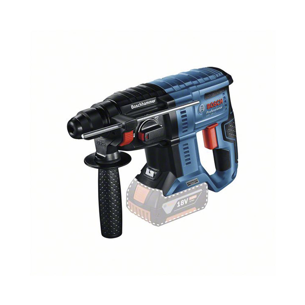 Un martello perforatore a batteria Bosch Professional blu e nero con batteria da 18V e impugnatura.