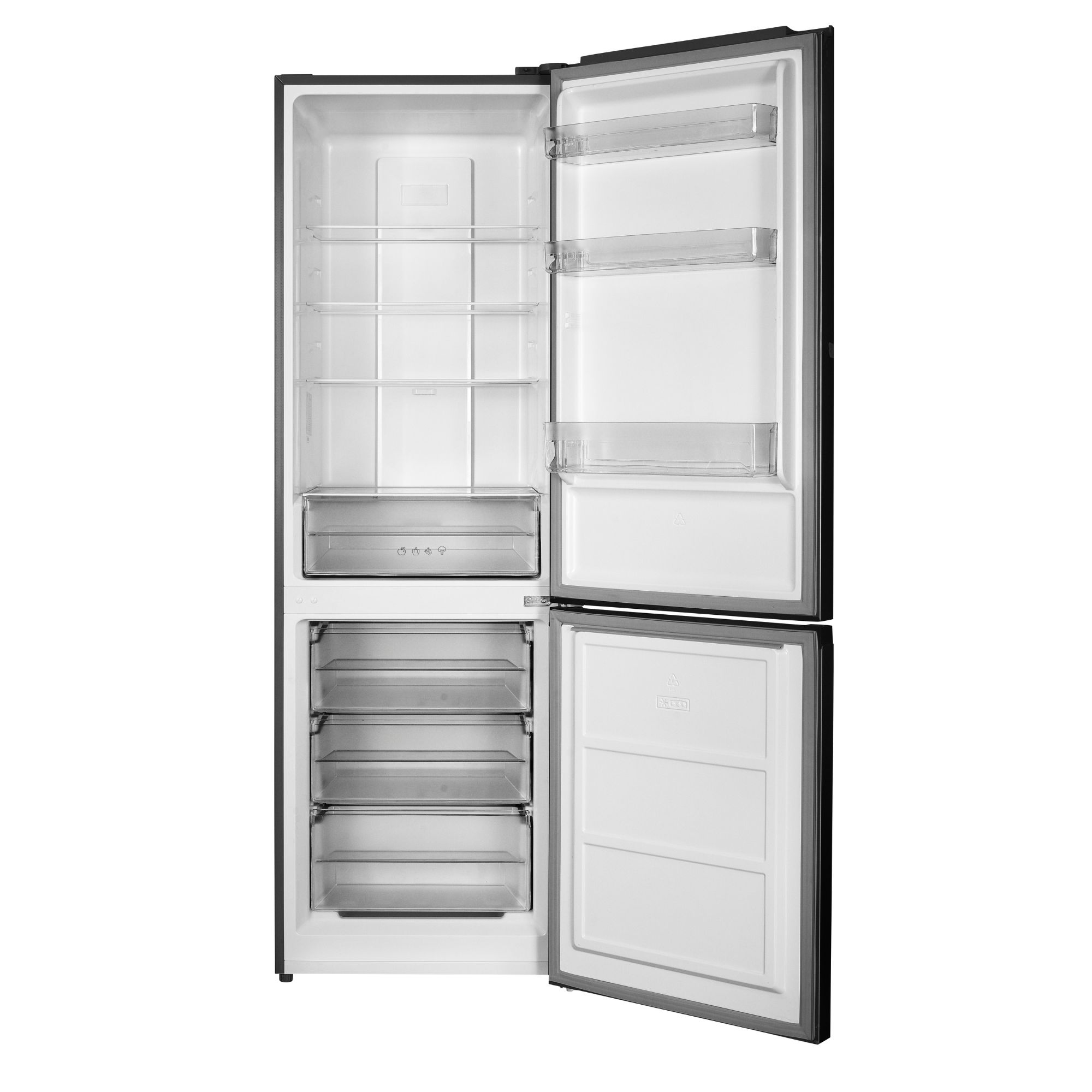 Un refrigerador negro abierto con interior vacío, estantes de vidrio y cajones sobre fondo blanco.
