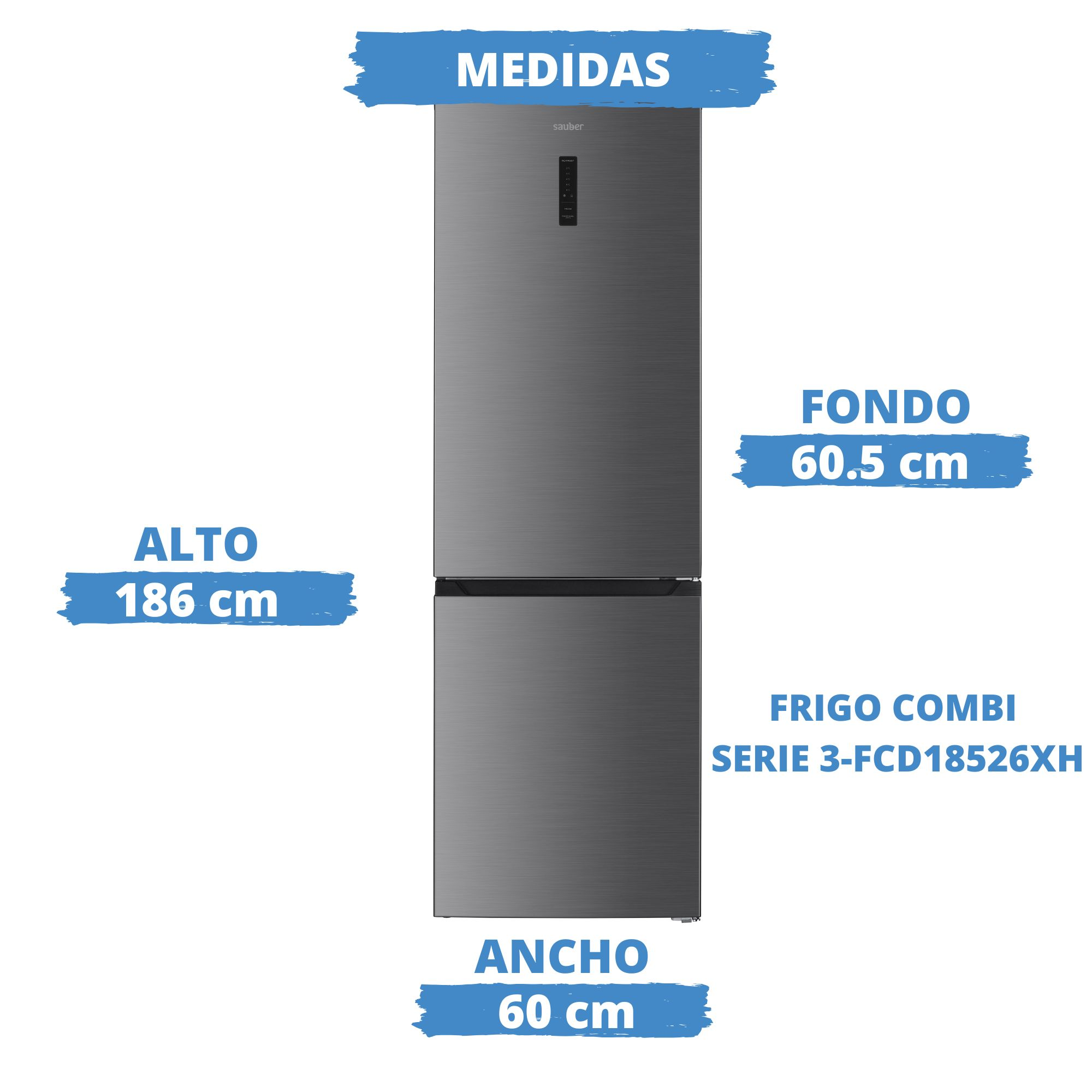 Frigorífico combi gris Sauber con medidas: alto 186 cm, ancho 60 cm, fondo 60,5 cm.