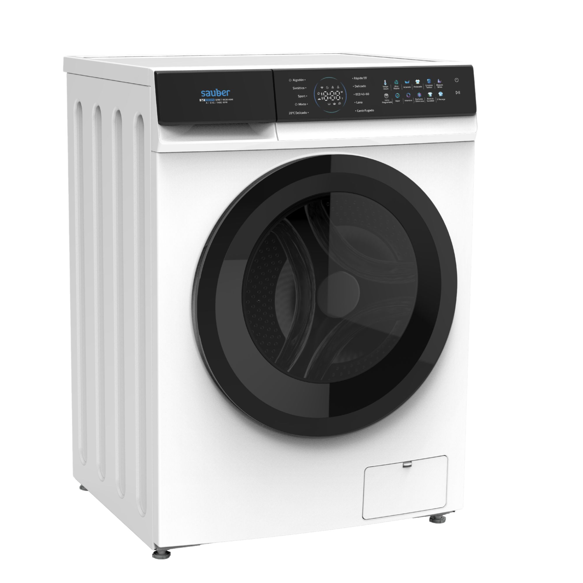 Una lavadora blanca con panel de control negro y puerta de cristal negra sobre fondo blanco.