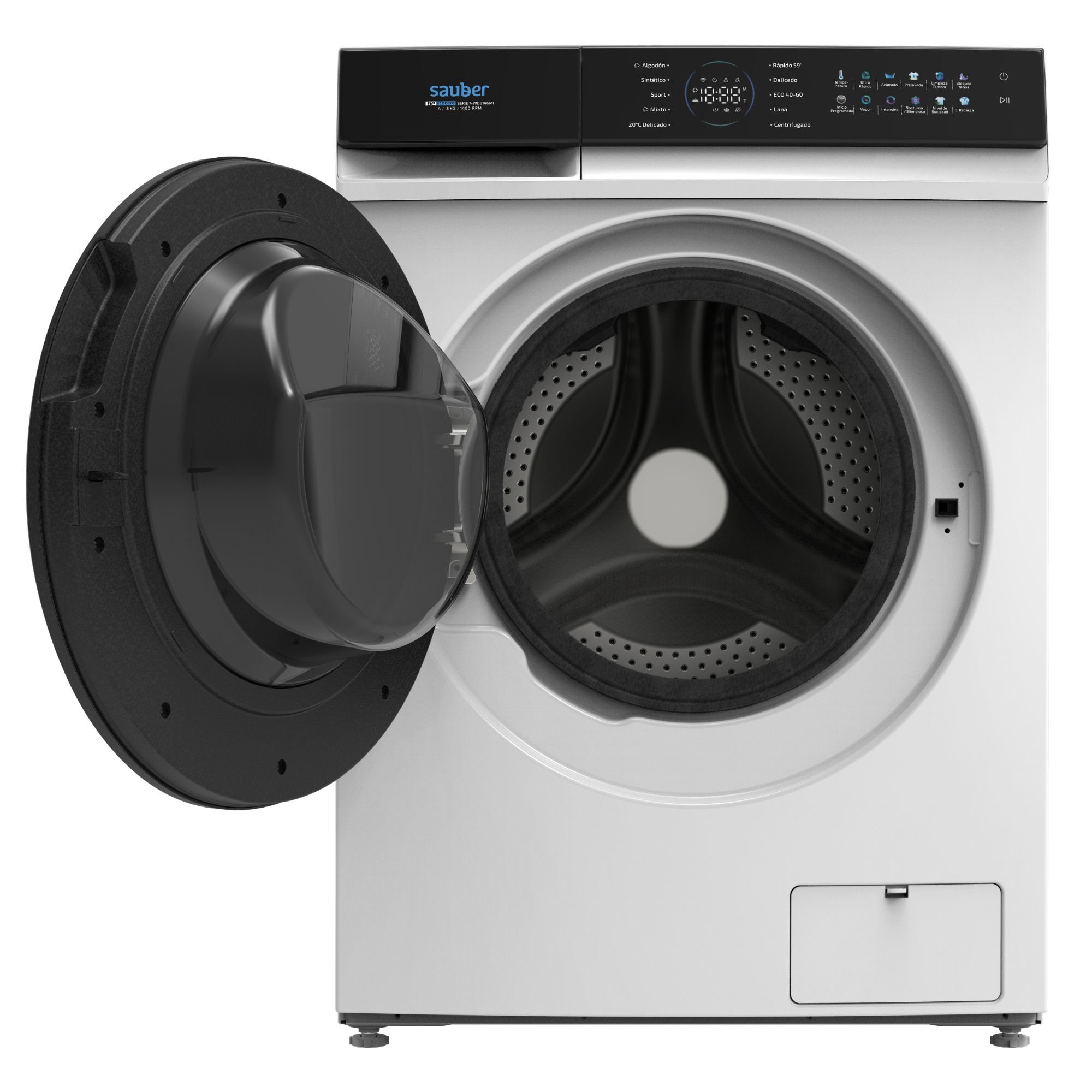 Una lavadora de carga frontal blanca con puerta negra abierta, panel de control digital y tambor de acero inoxidable.