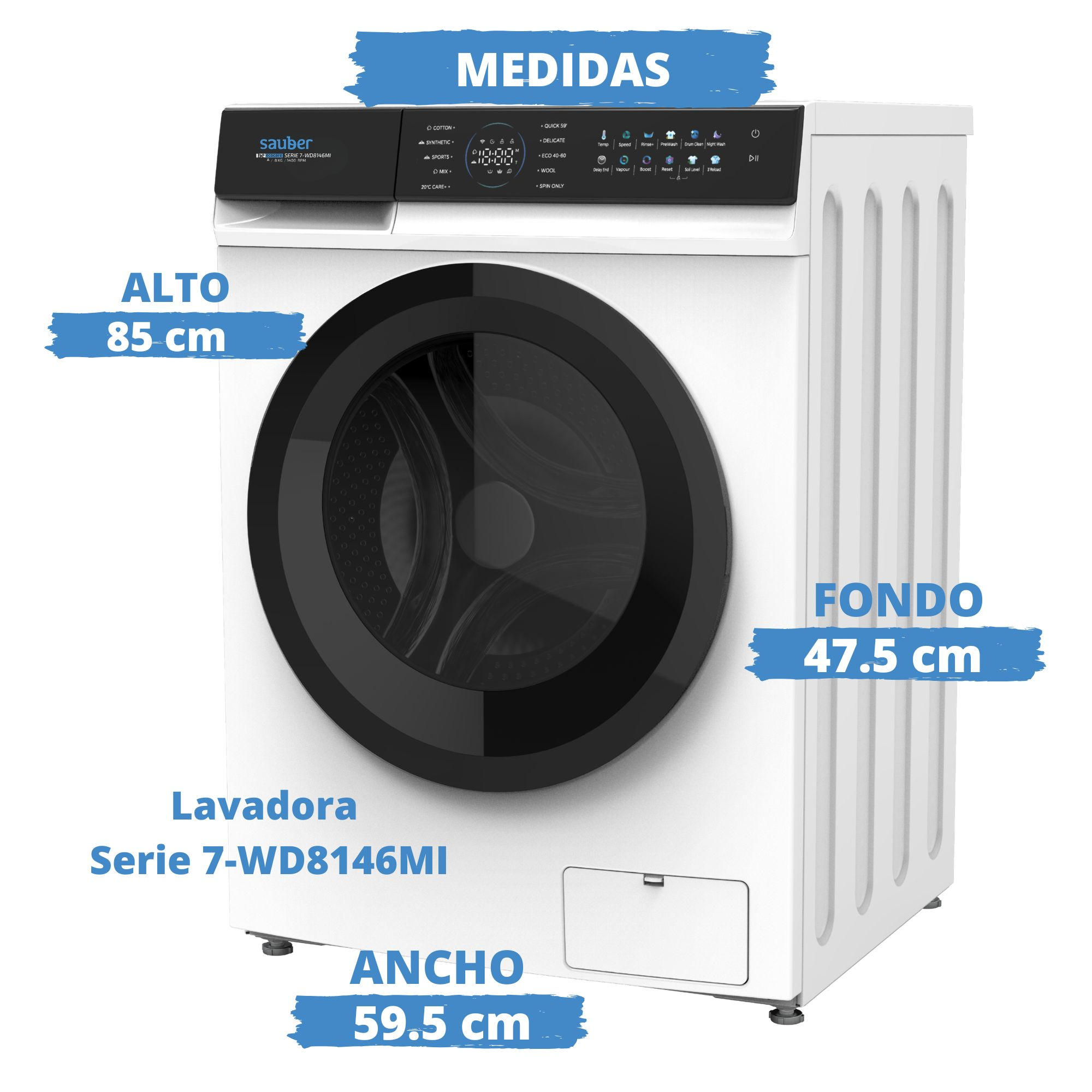 Lavadora blanca Sauber con medidas en centímetros y panel de control negro.