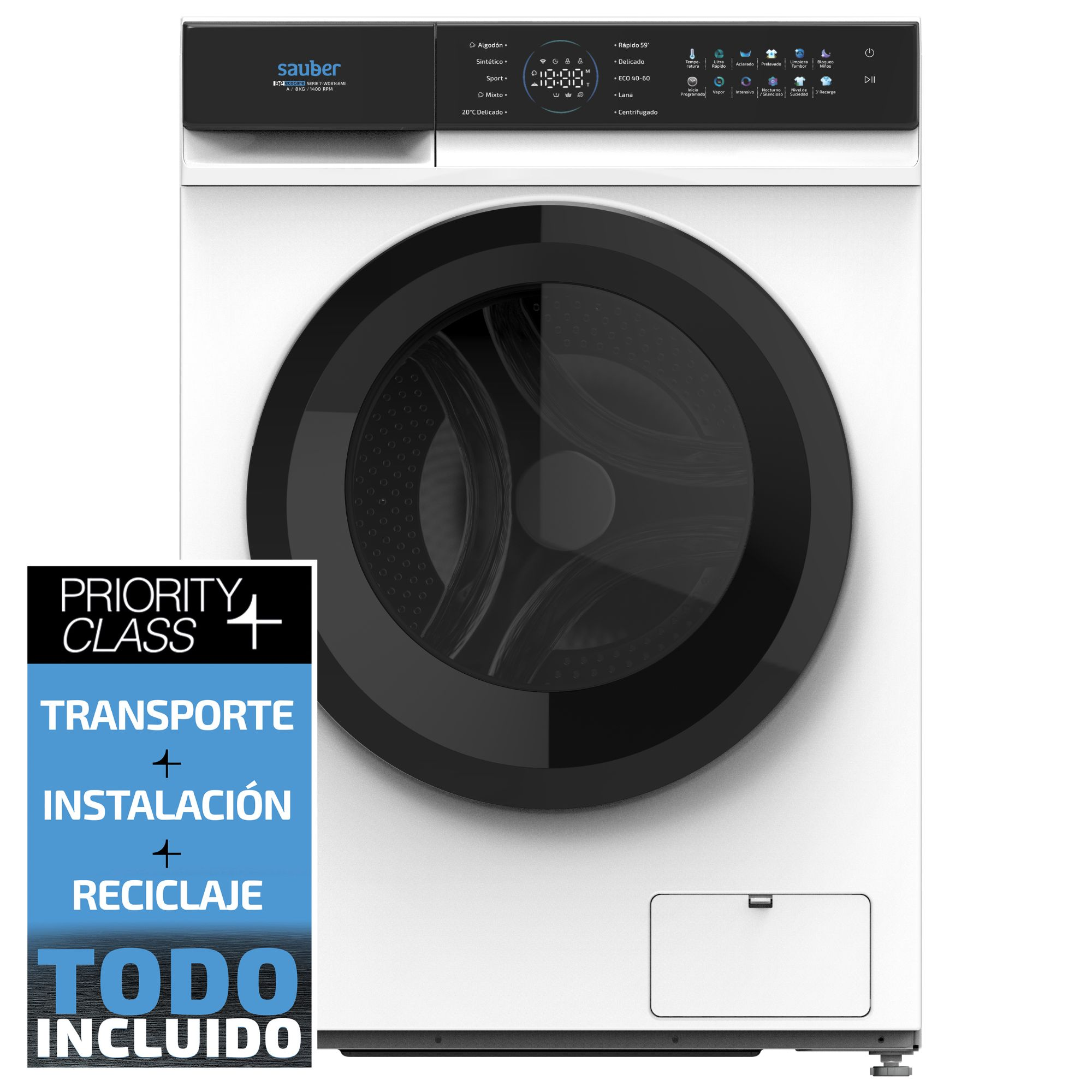 Una lavadora blanca Sauber con panel de control negro y puerta de cristal redonda.