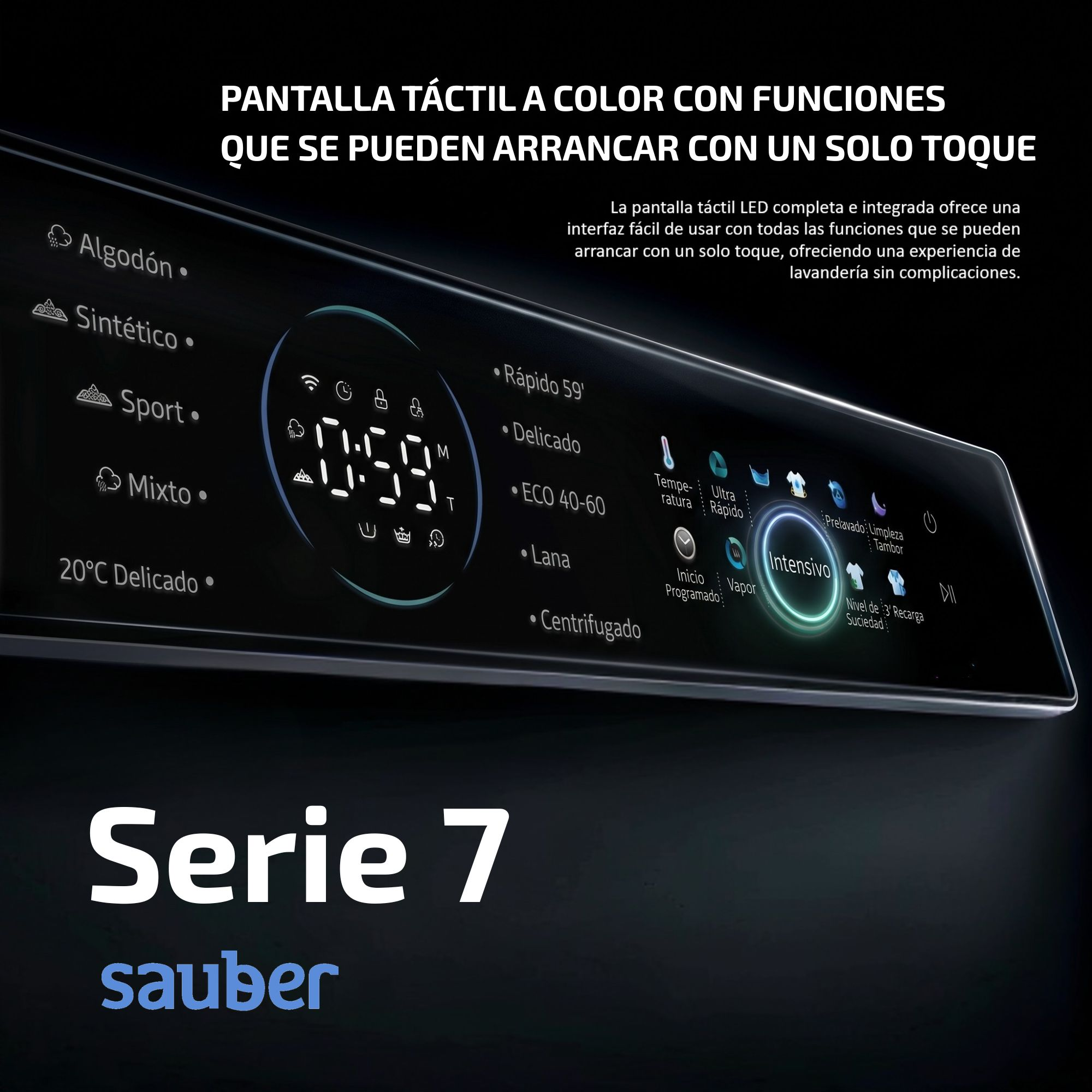 Panel de control de lavadora moderna con pantalla táctil digital, varios programas de lavado e indicadores luminosos.