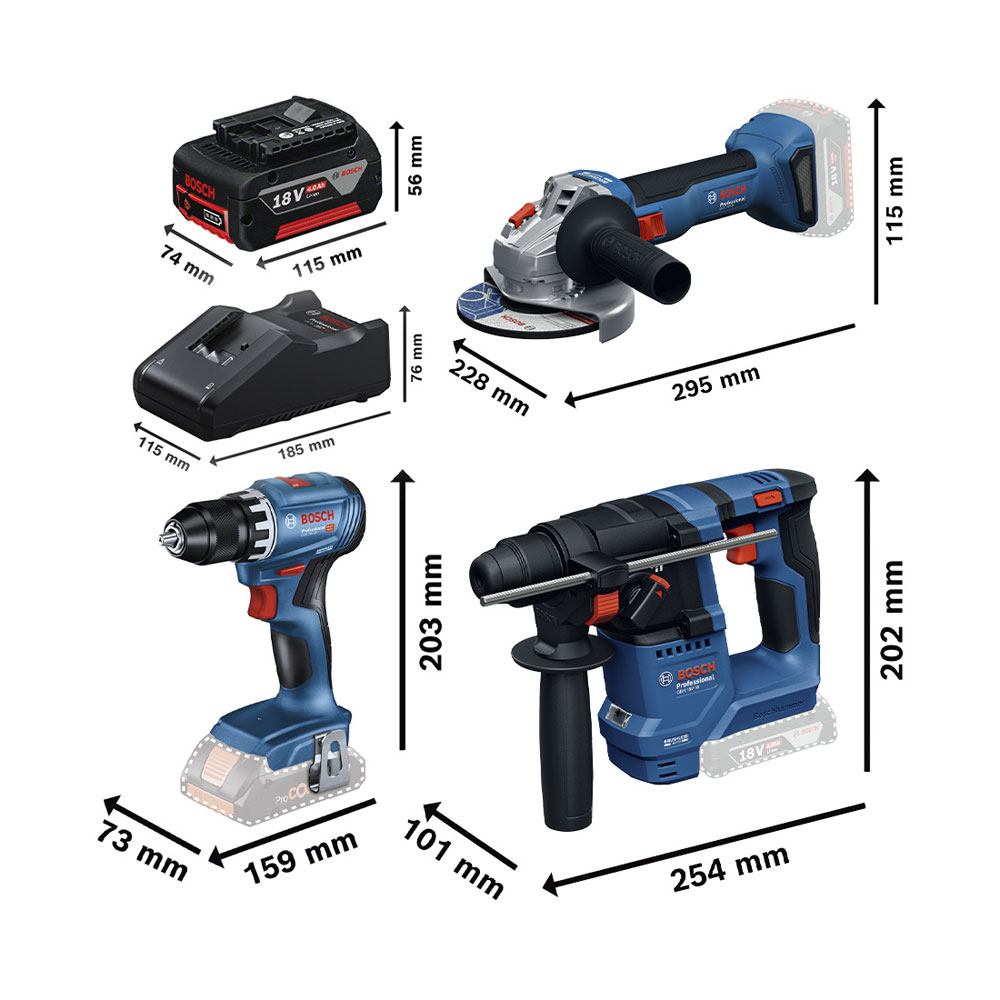 Set di elettroutensili Bosch con dimensioni, batteria, caricabatterie, trapano, smerigliatrice e martello.