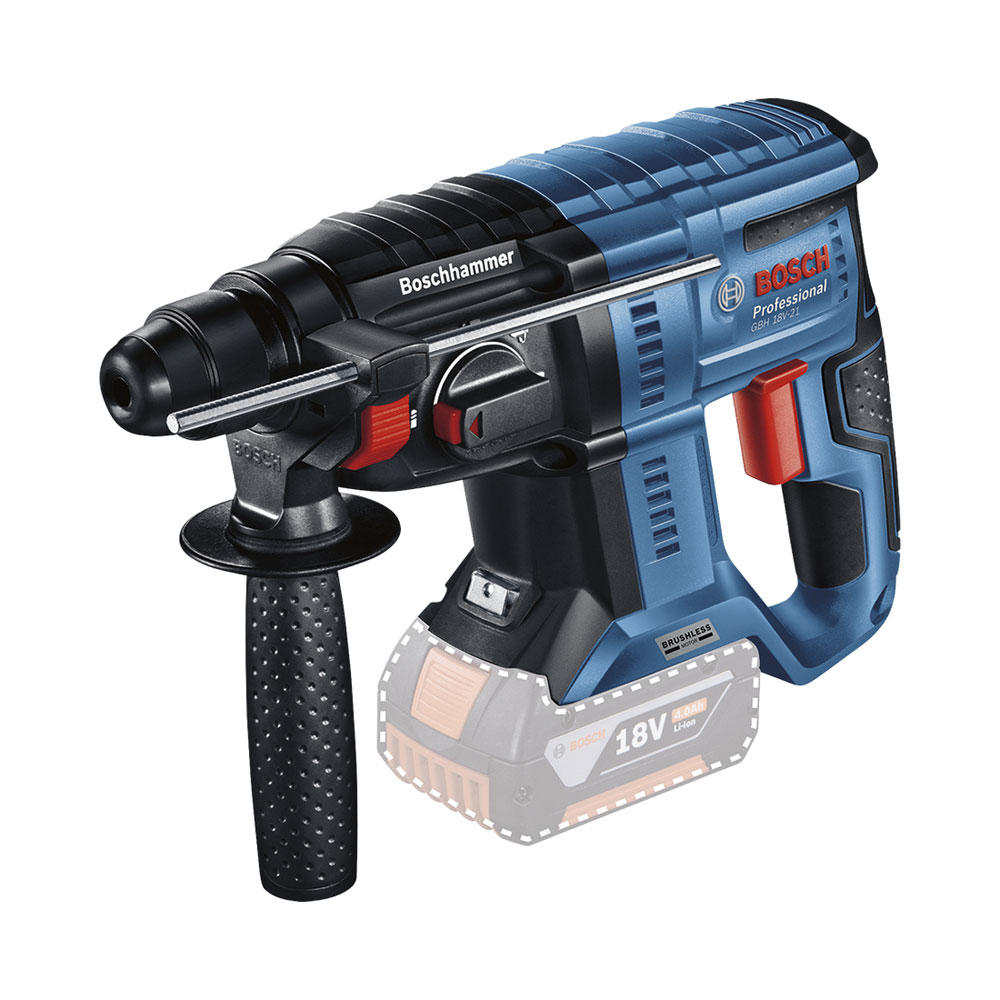 Martello tassellatore a batteria Bosch Professional blu con impugnatura ausiliaria nera e batteria da 18V indicata su sfondo bianco.