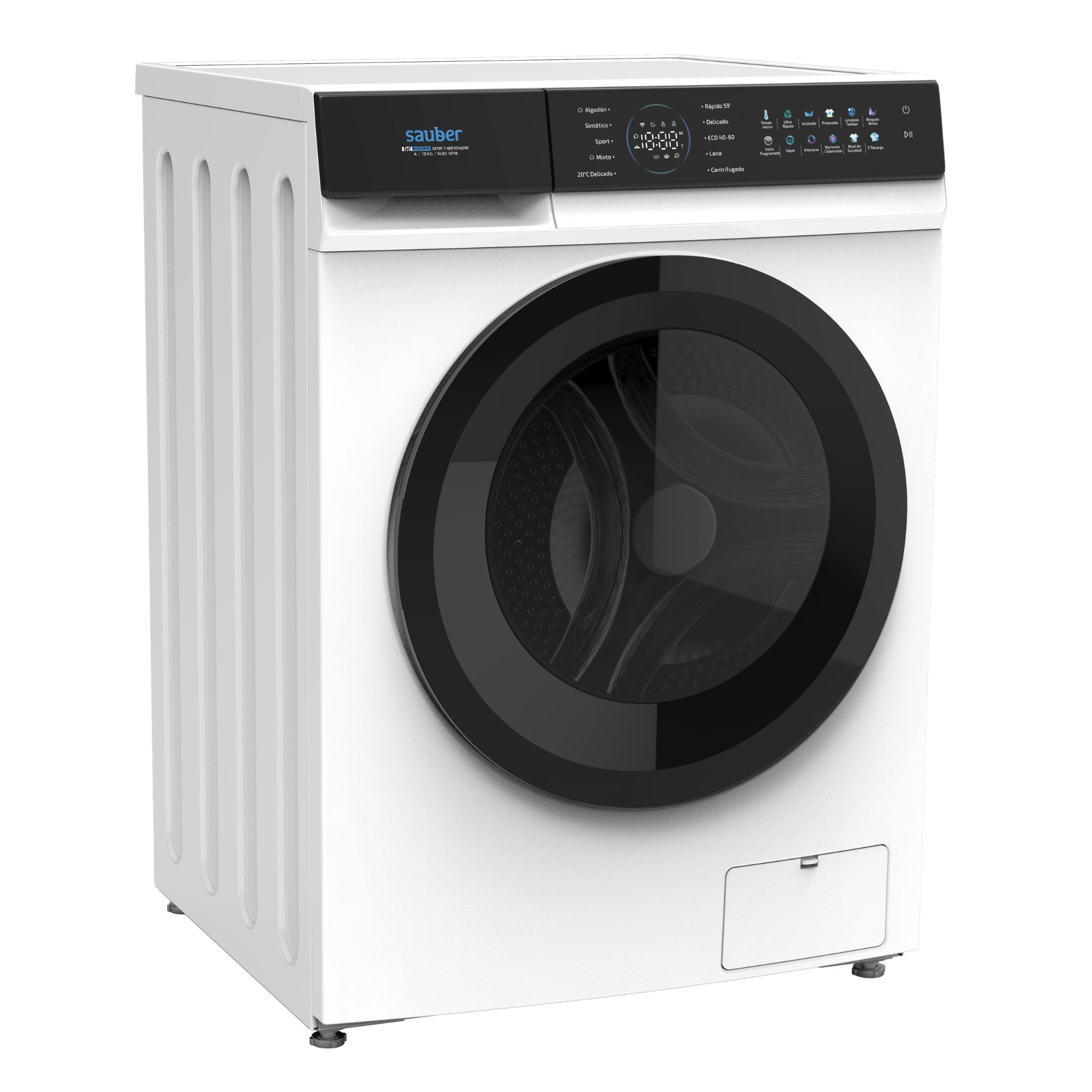 Una lavadora blanca Sauber con panel de control negro y puerta de cristal redonda sobre fondo blanco.