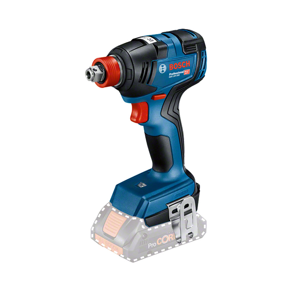 Un avvitatore a impatto a batteria Bosch blu e nero con grilletto rosso e contorno batteria.