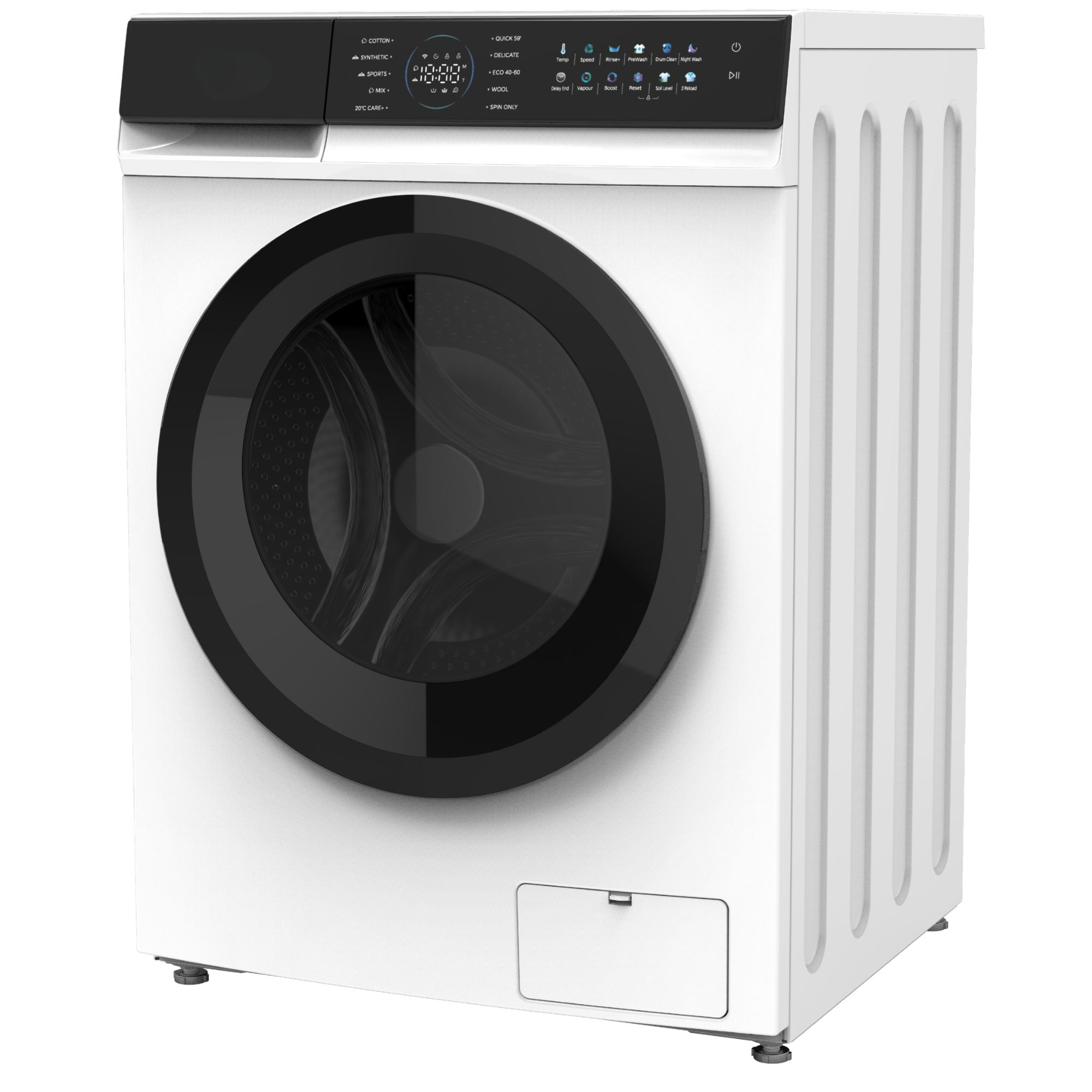 Una moderna lavadora blanca con panel de control negro y gran puerta de cristal redonda sobre fondo blanco.