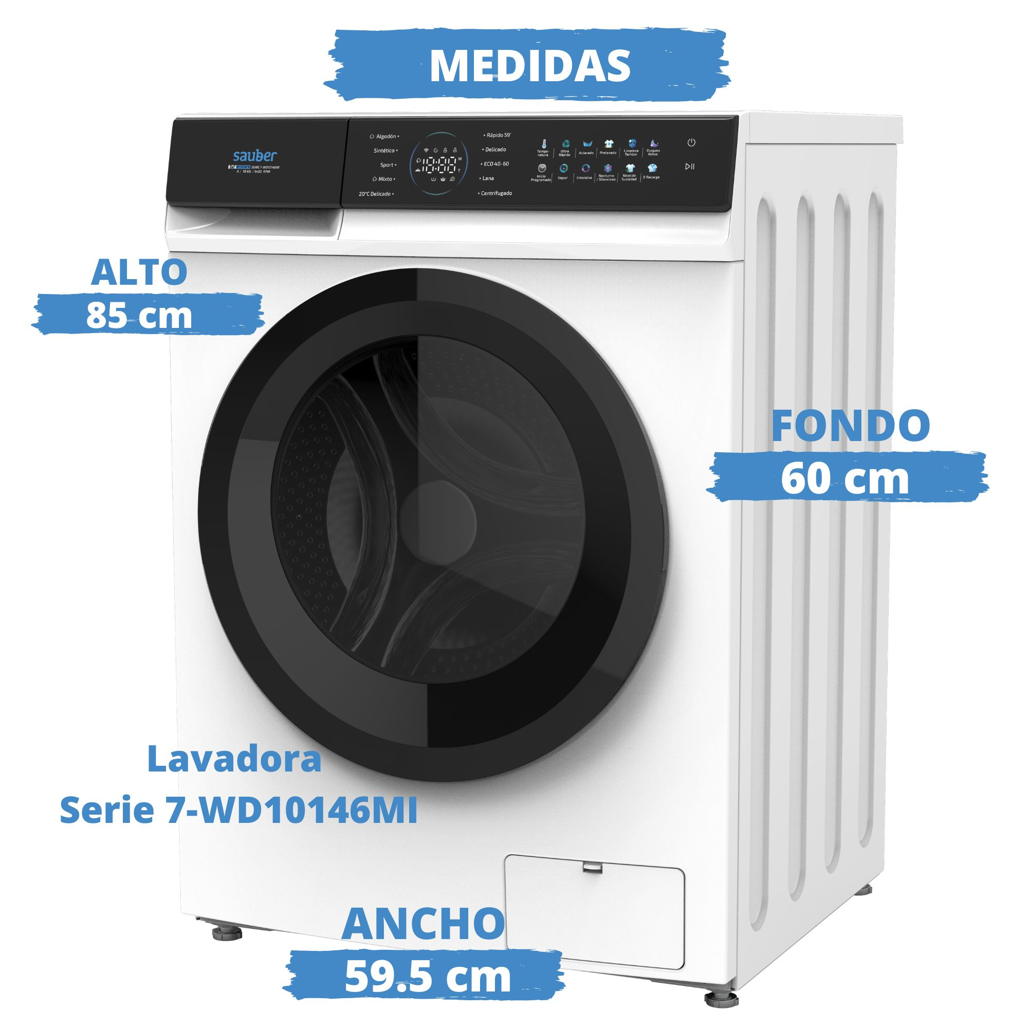 Lavadora blanca Sauber serie 7 con medidas: alto 85 cm, ancho 59,5 cm, fondo 60 cm.