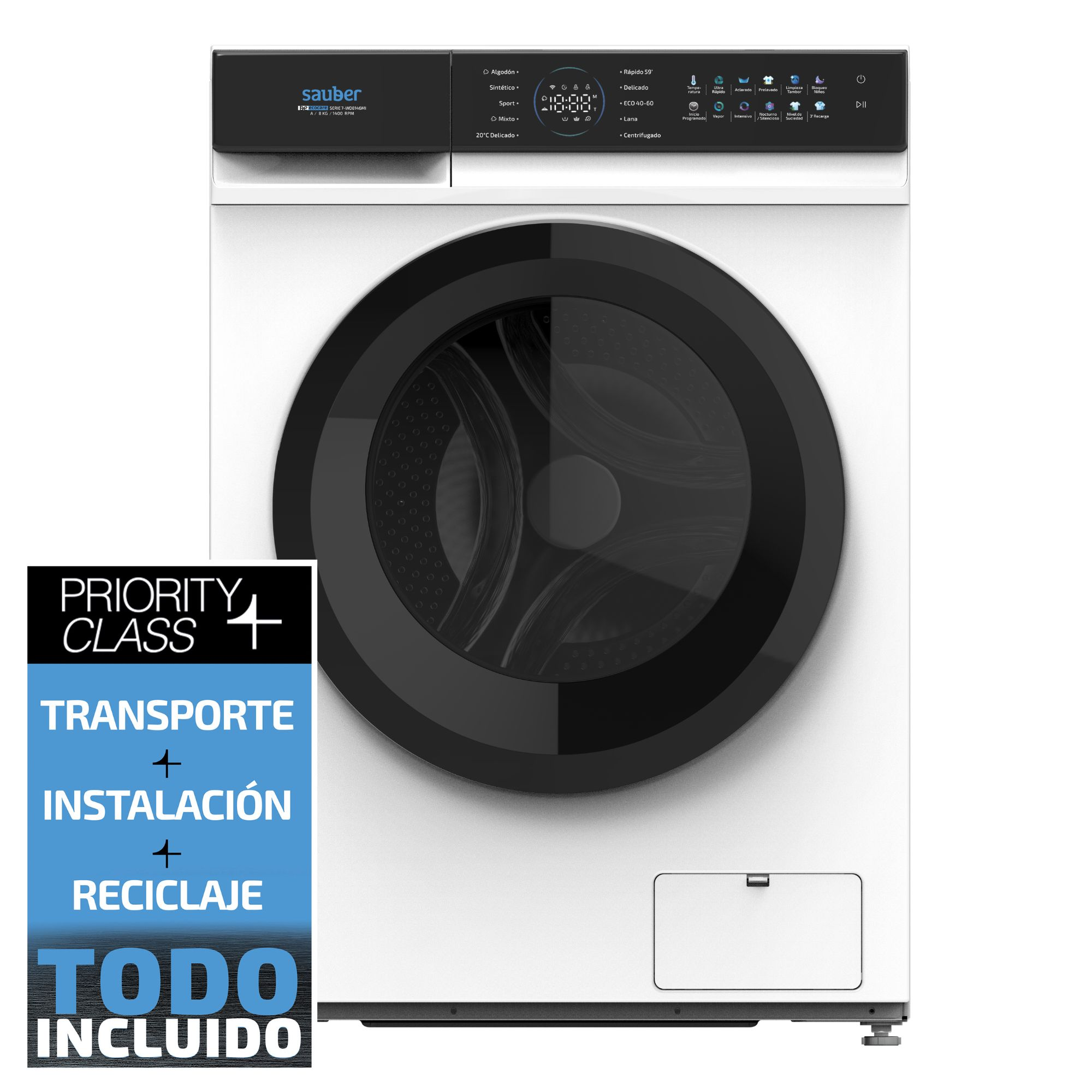 Lavadora blanca Sauber con panel de control negro y puerta grande, con un cartel promocional a la izquierda.
