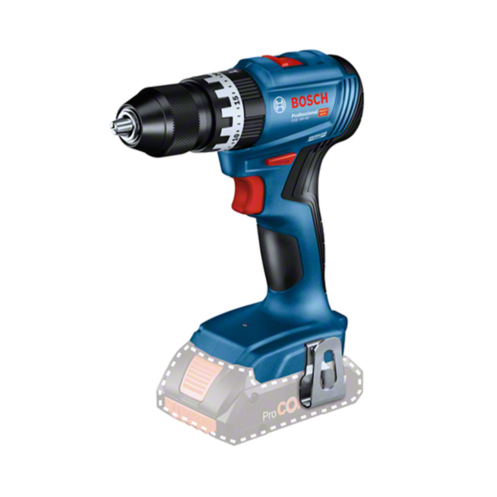 Une perceuse sans fil Bosch bleue et noire avec batterie ProCore amovible, sur fond blanc.