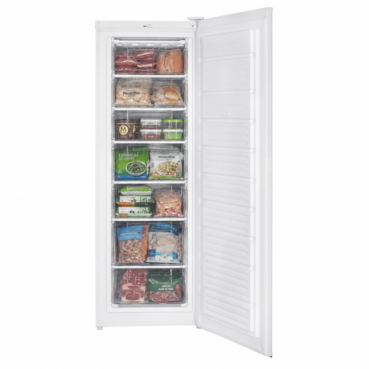 Un congelador vertical blanco con la puerta abierta, lleno de varios alimentos en cajones, sobre fondo blanco.