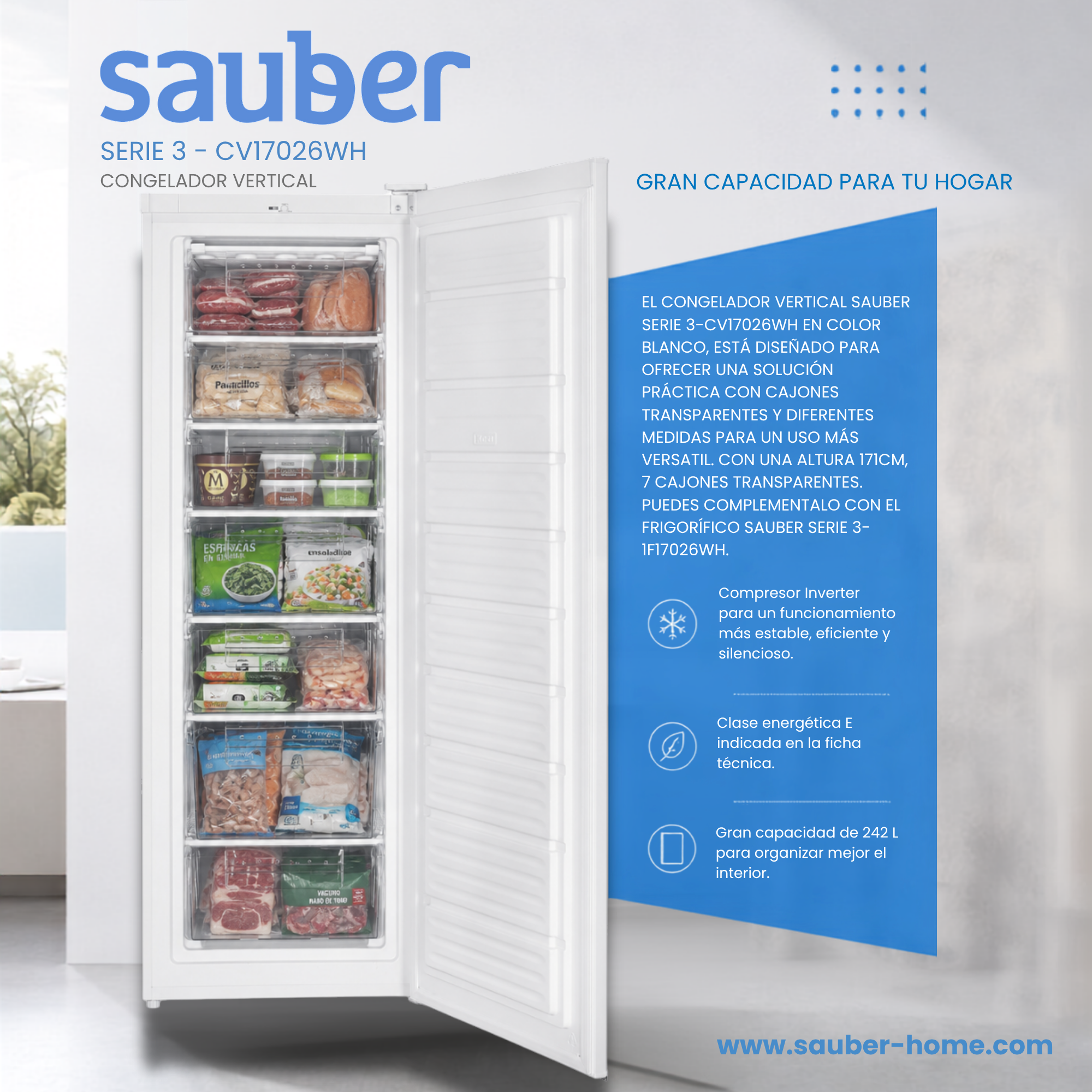 Imagen publicitaria del congelador vertical blanco Sauber CV17026WH con cajones abiertos llenos de comida.