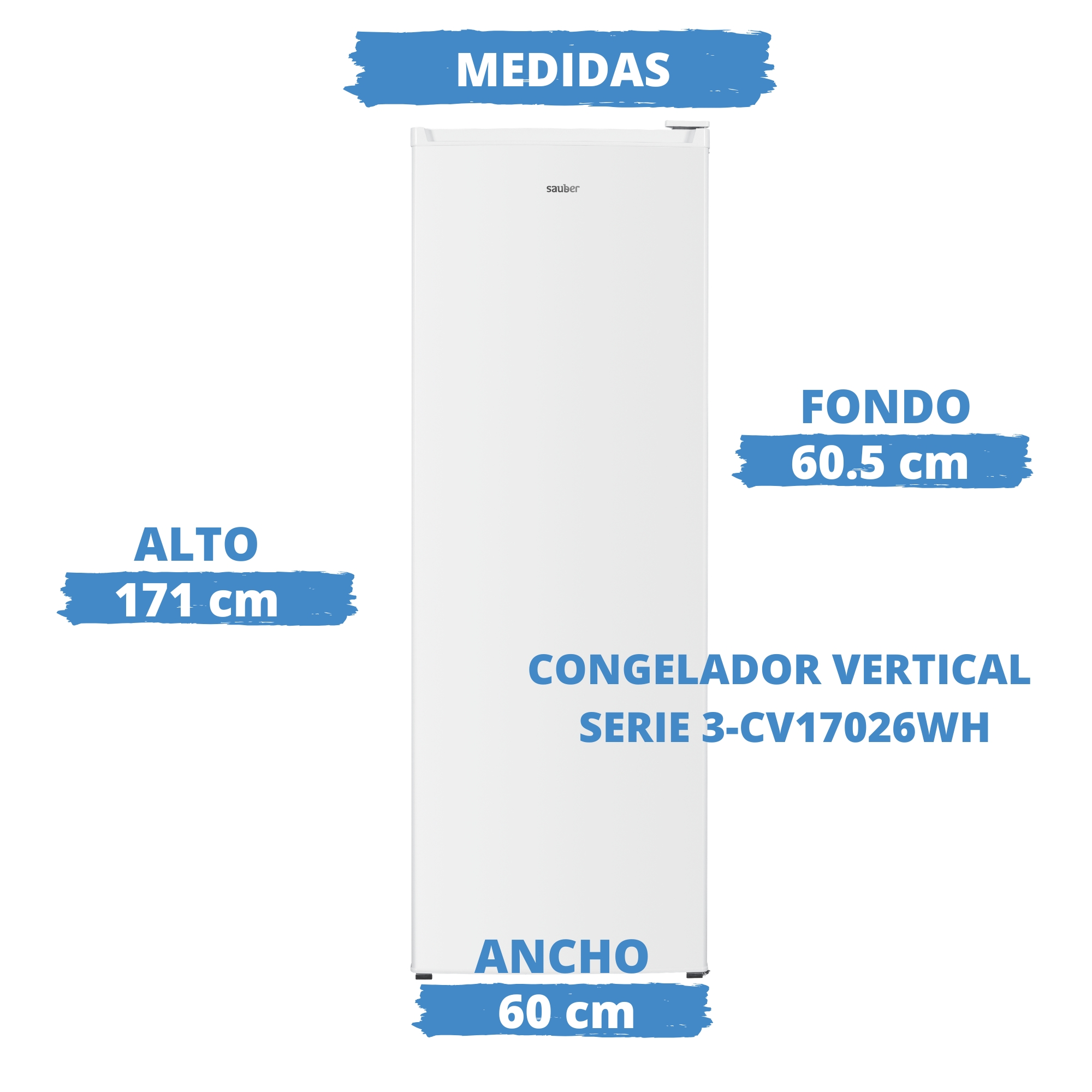 Congelador vertical blanco con medidas de alto, ancho y fondo indicadas.