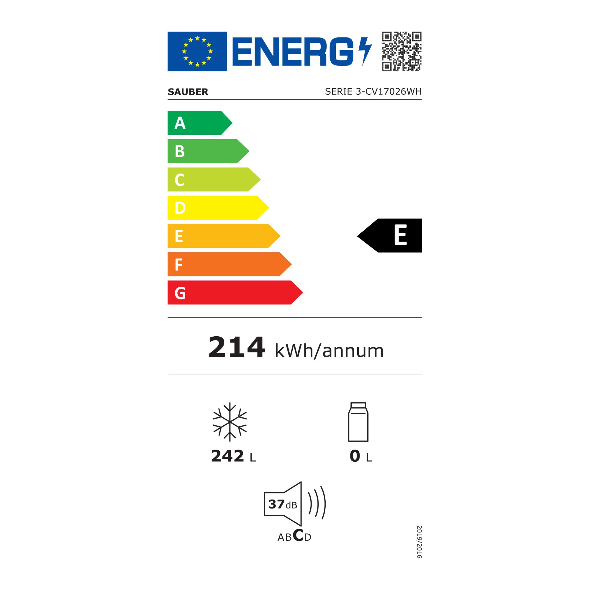 Etiqueta energética de la UE clase E para Sauber SERIE 3-CV17026WH con 214 kWh al año y 37 dB.