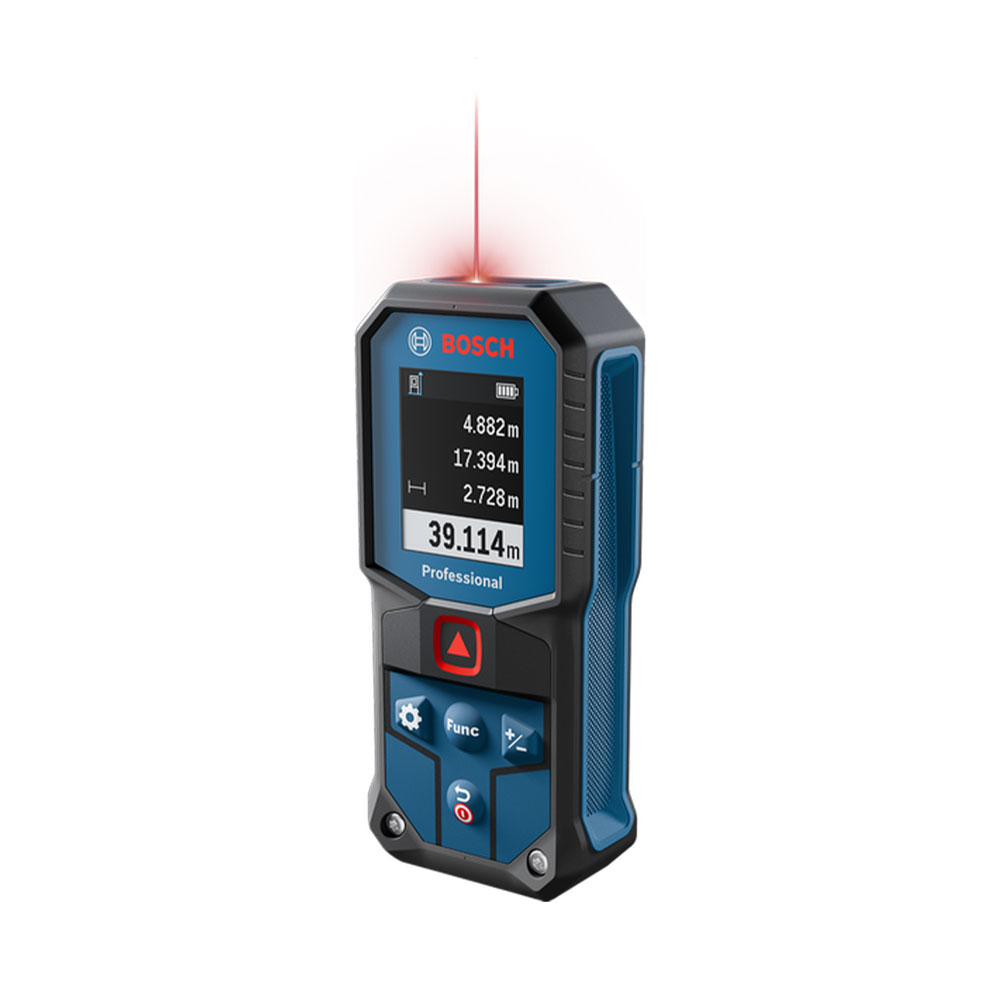 Metro laser Bosch con display digitale e raggio laser rosso su sfondo bianco.