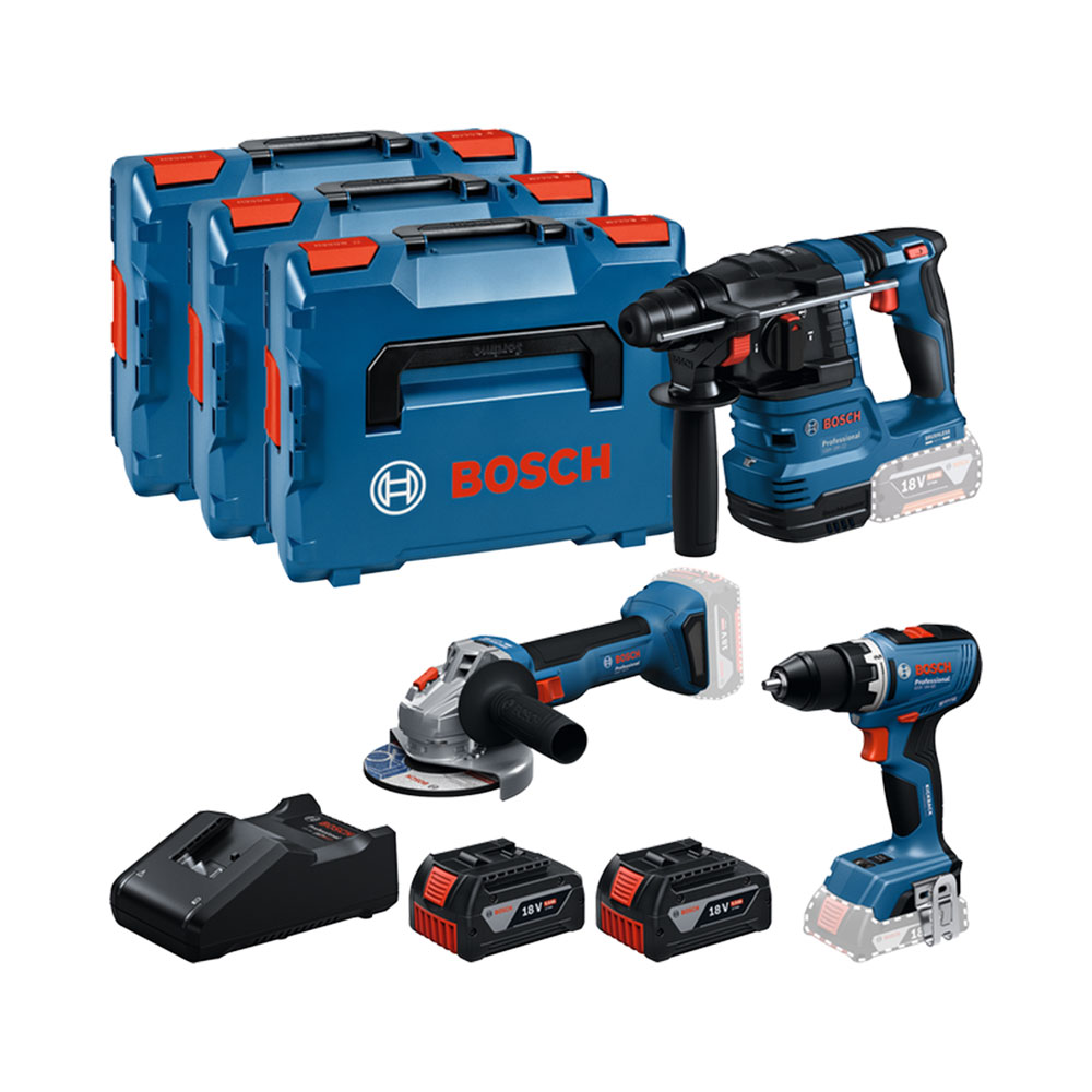 Un ensemble d'outils sans fil Bosch avec perceuse, marteau, meuleuse, batteries, chargeur et trois mallettes.