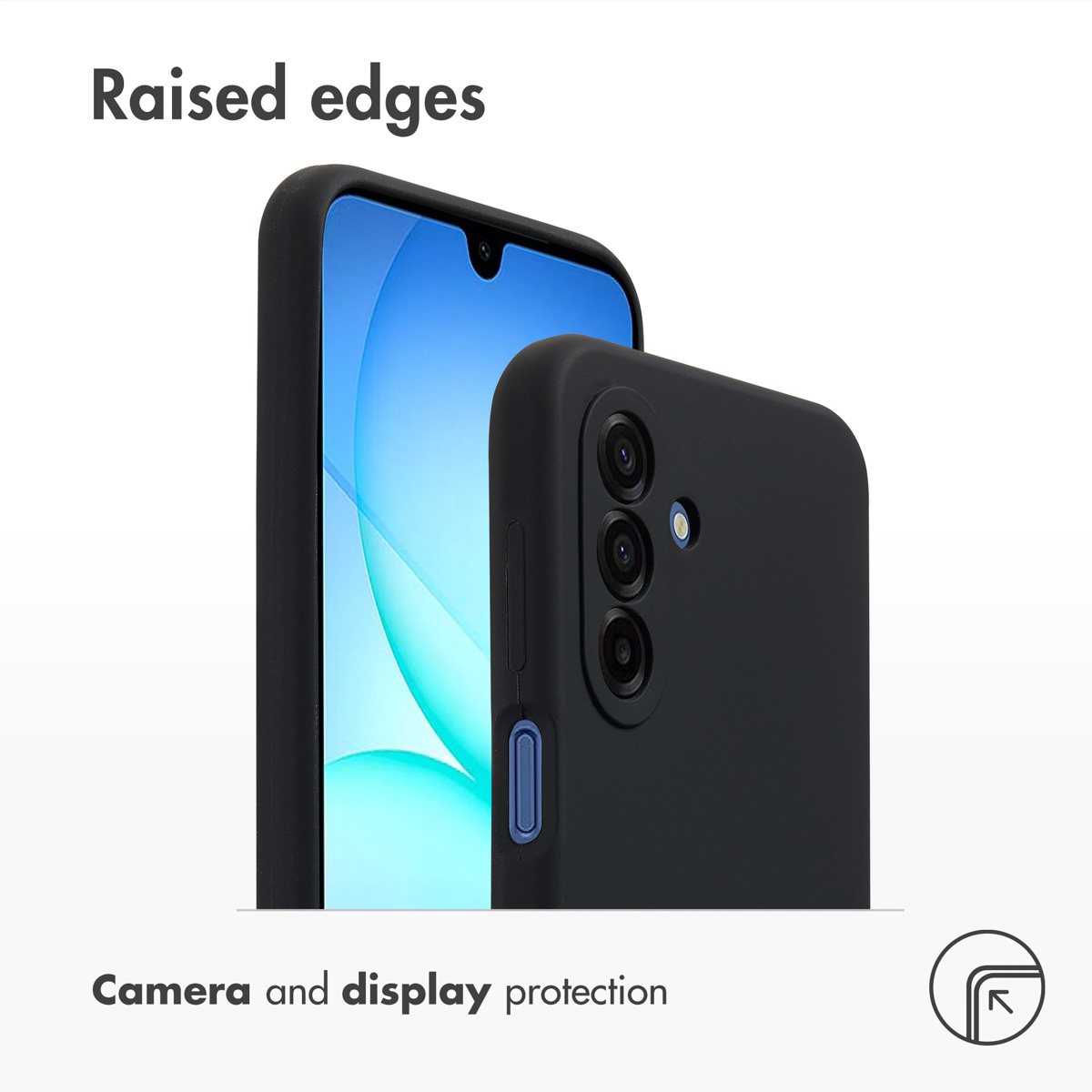 Funda negra con bordes elevados para proteger la cámara y la pantalla.