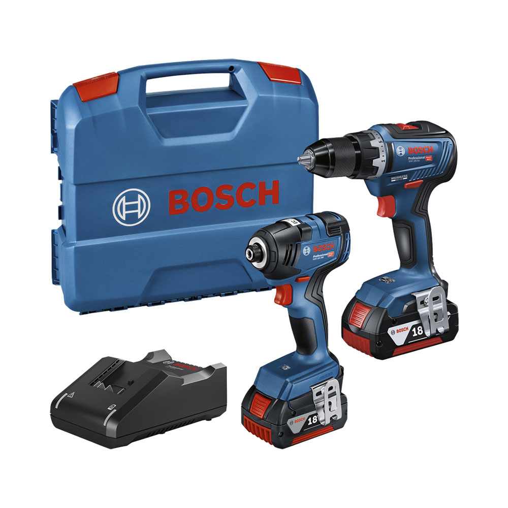 Set di attrezzi Bosch blu con trapano, avvitatore a impatto, caricabatterie e valigetta.