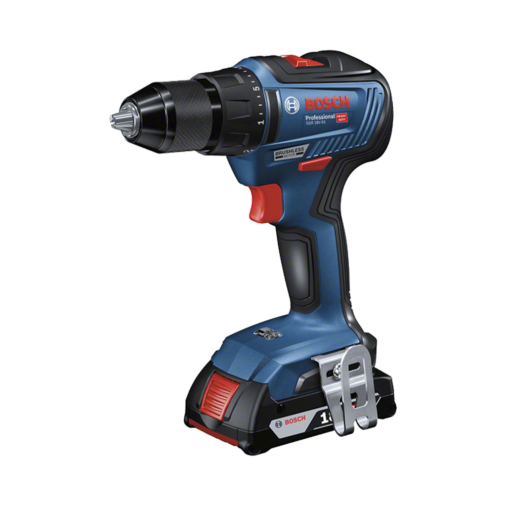 Trapano a batteria Bosch blu con batteria nera e rossa su sfondo bianco.