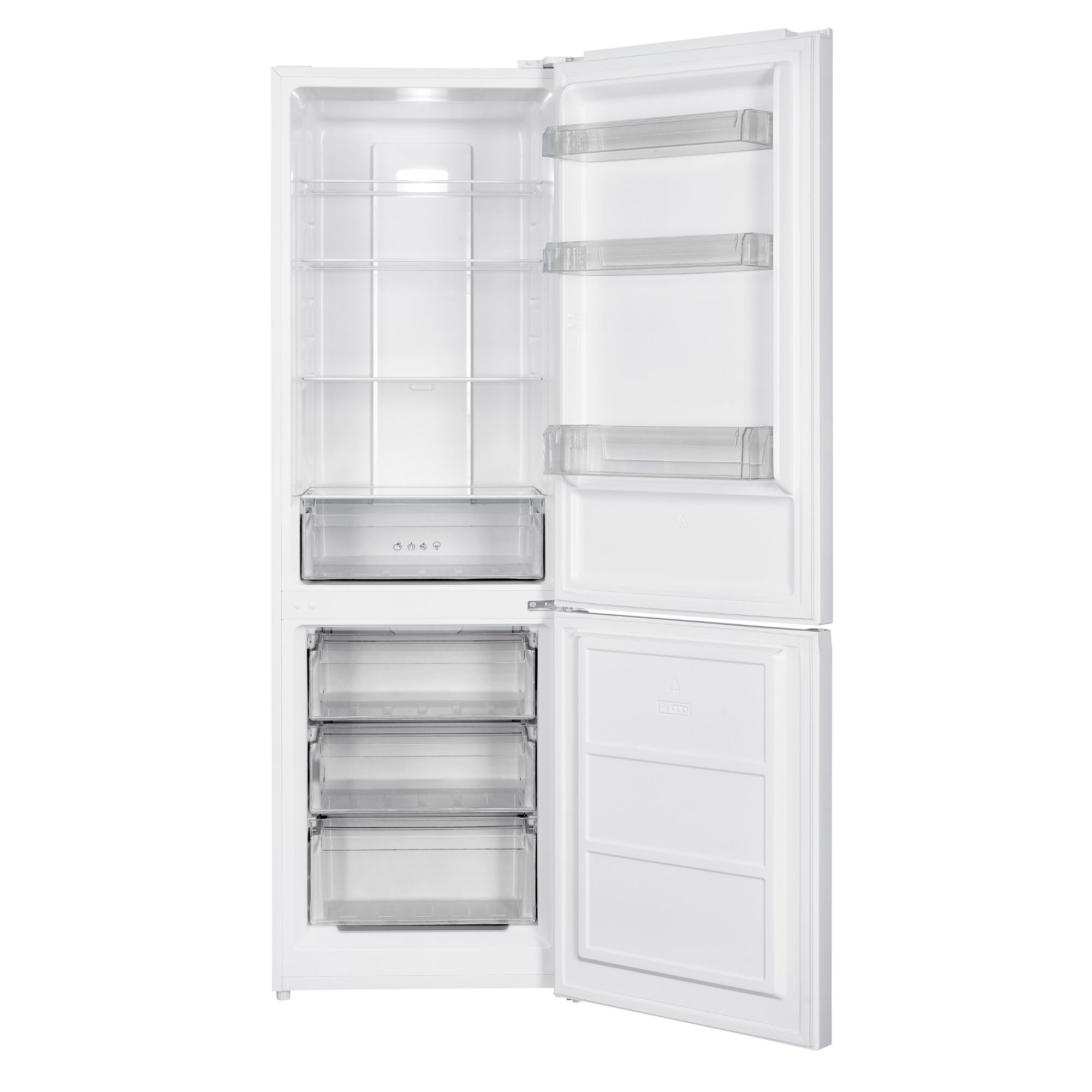 Un refrigerador blanco abierto con estantes de vidrio y cajones transparentes sobre fondo blanco.