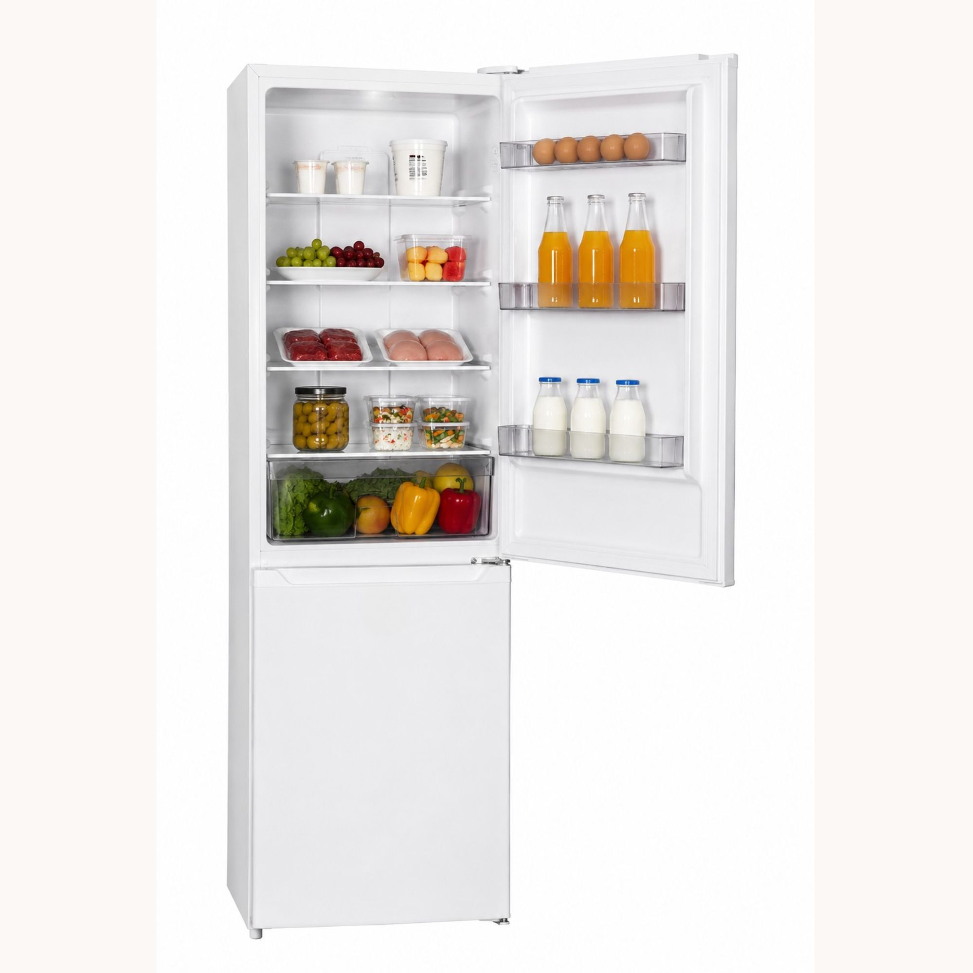 Un refrigerador blanco abierto lleno de alimentos, incluyendo fruta, carne, verduras, huevos y bebidas embotelladas.