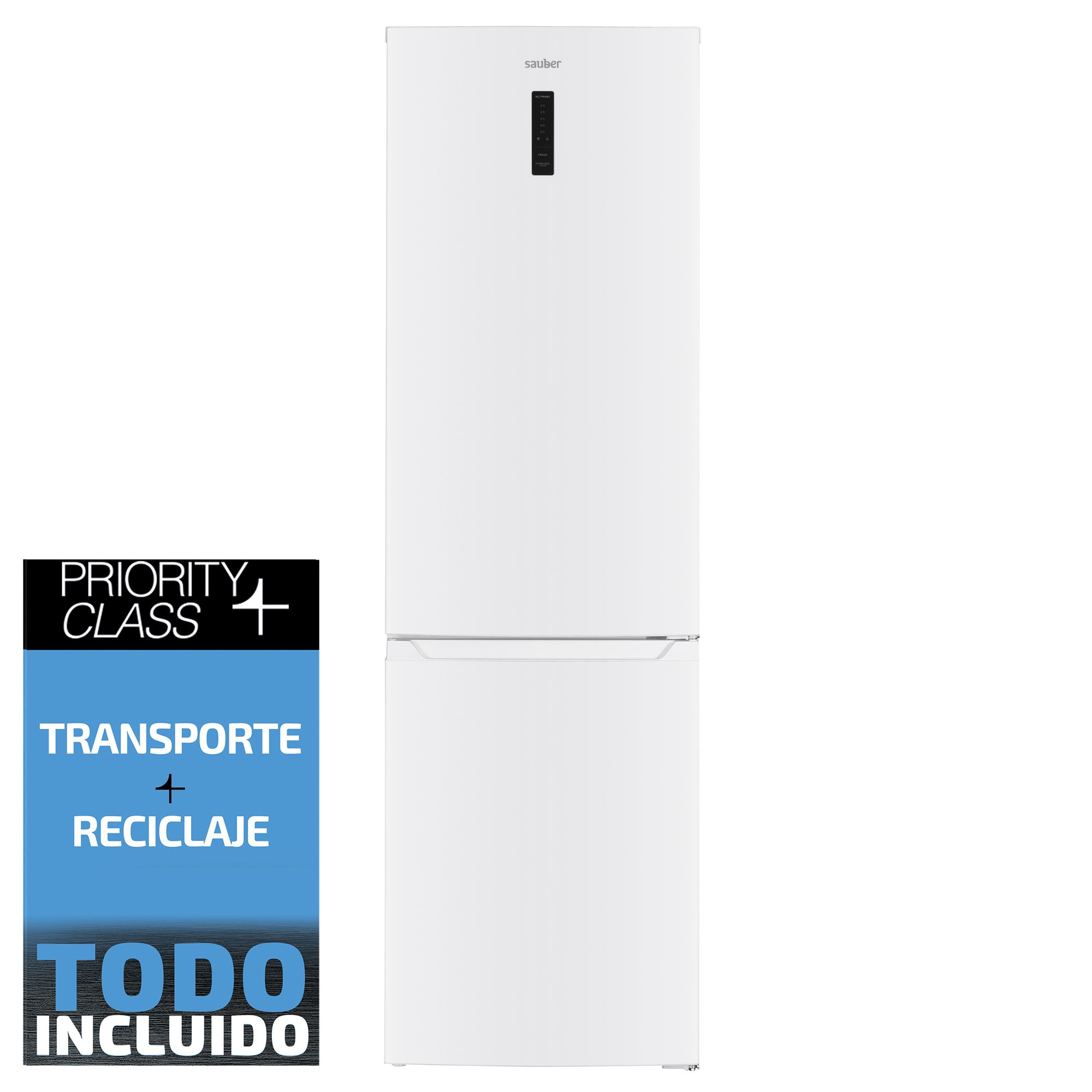 Un refrigerador blanco Sauber con pantalla digital y banner promocional a la izquierda.