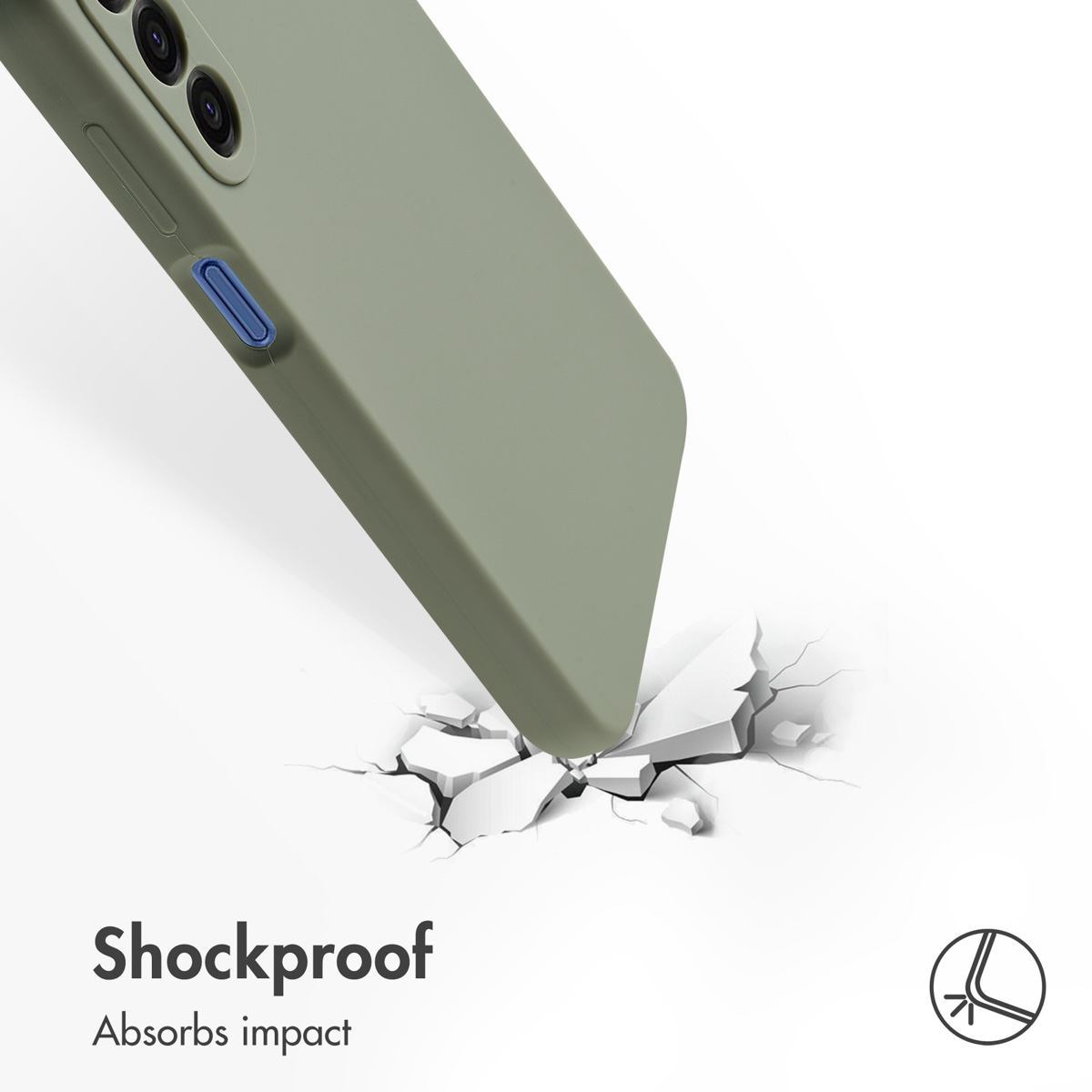 Funda de móvil verde golpeando una superficie blanca rota. Texto: Shockproof Absorbs impact.