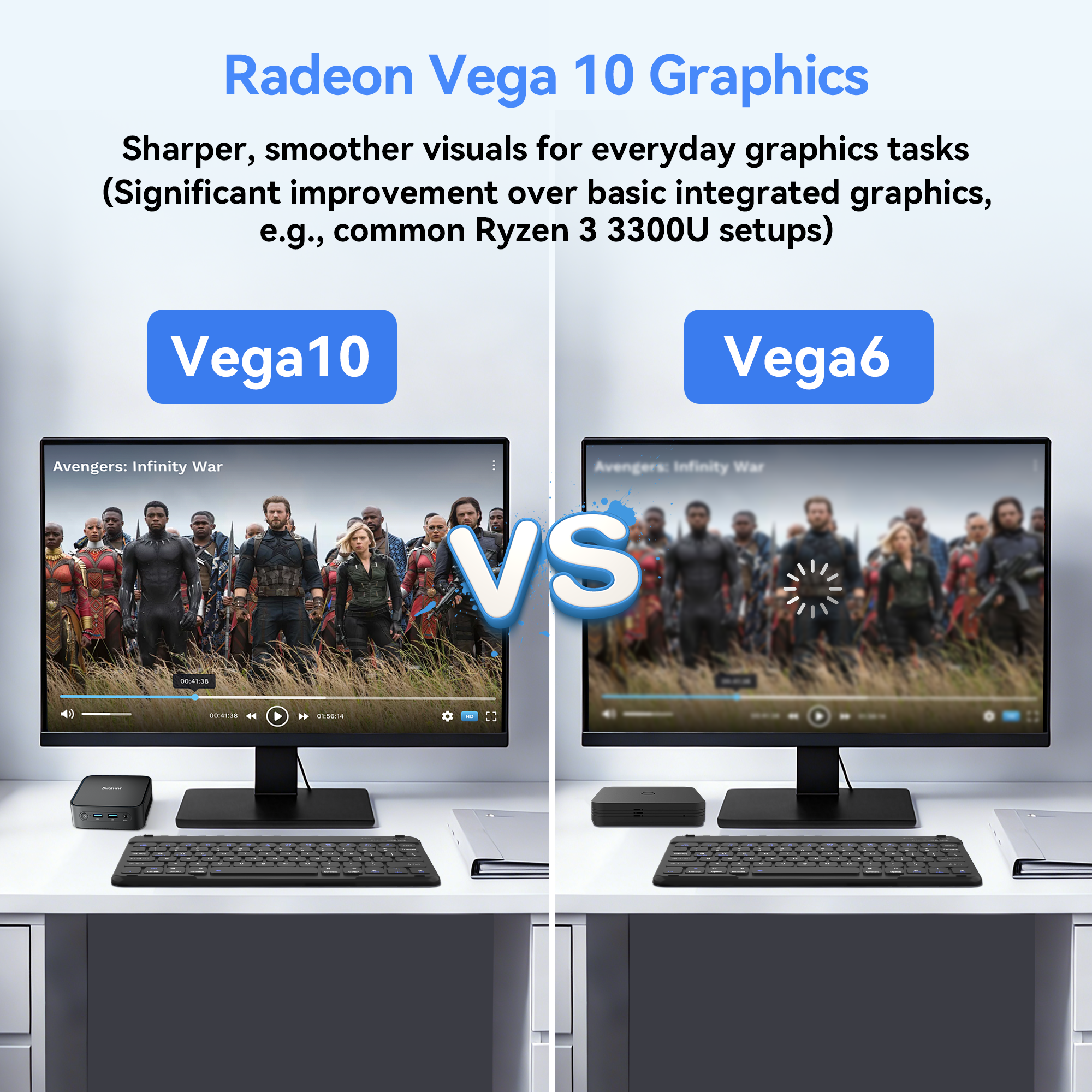 Comparación de dos monitores: Vega 10 muestra imagen nítida, Vega 6 una borrosa con icono de carga.