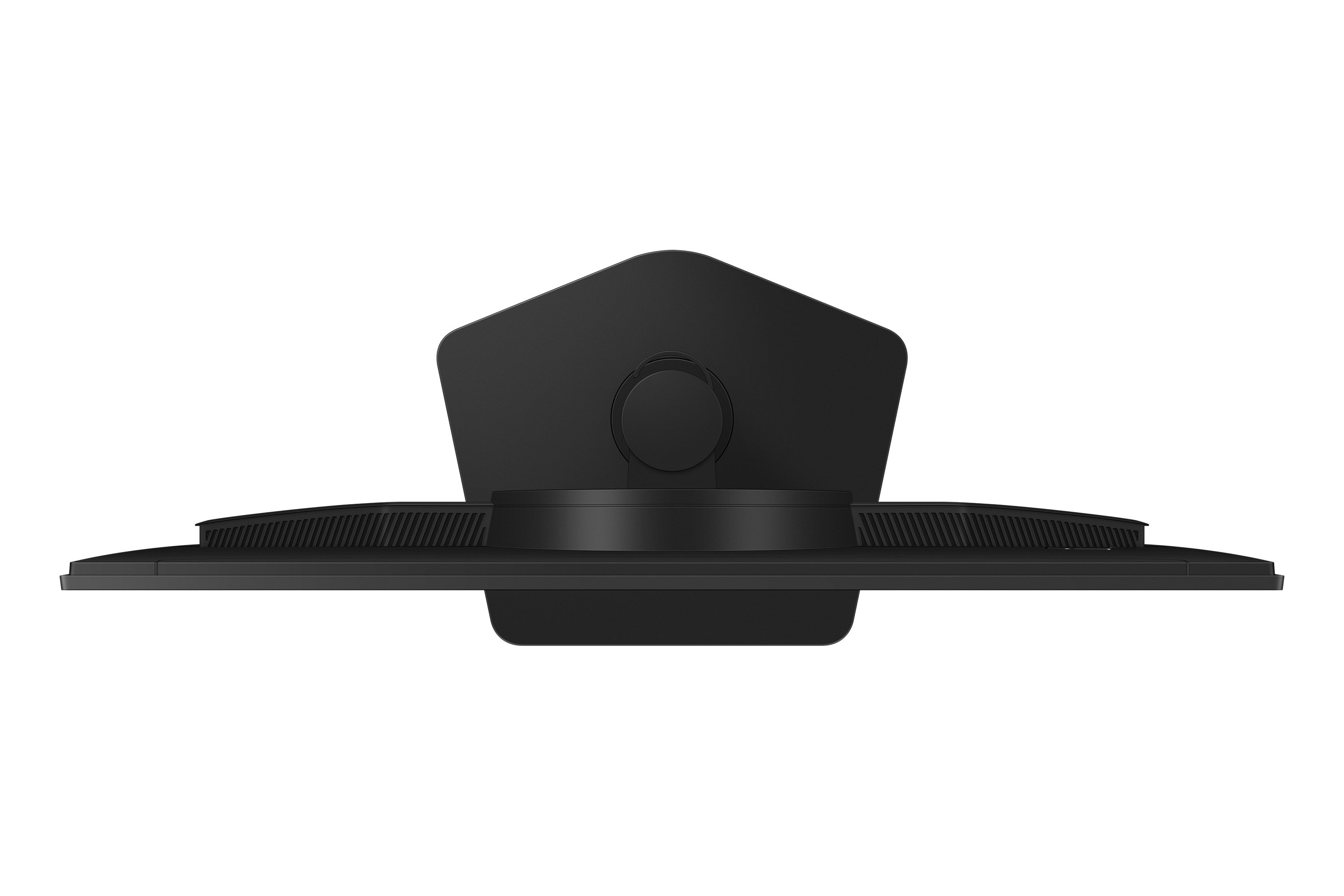 Vista posteriore di un monitor per computer nero su supporto con sfondo bianco.