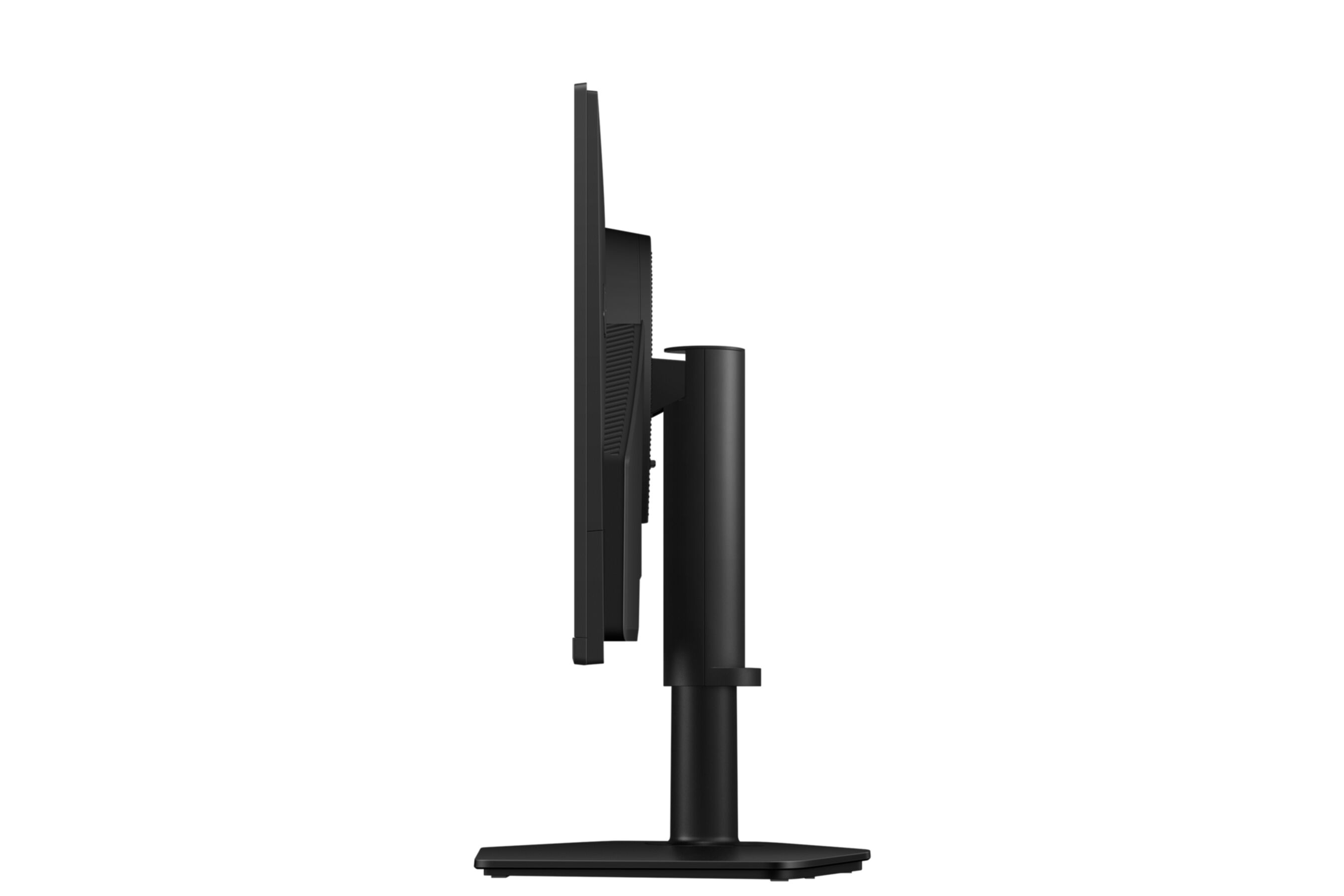 Vista laterale di un moderno monitor nero con supporto regolabile su sfondo bianco.
