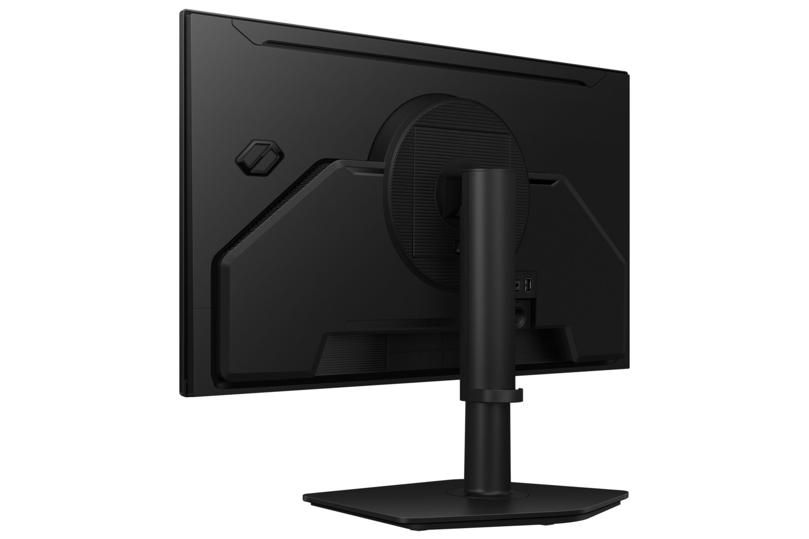 Rückansicht eines schwarzen Monitors auf einem verstellbaren Ständer gegen einen weißen Hintergrund.