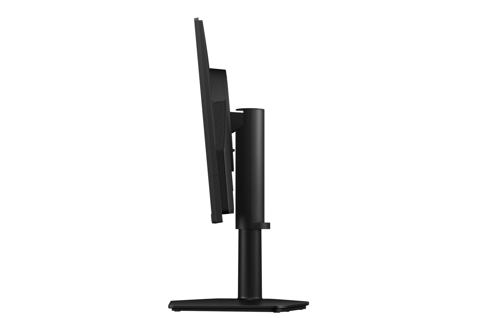 Vista laterale di un moderno monitor nero per computer su supporto regolabile su sfondo bianco.
