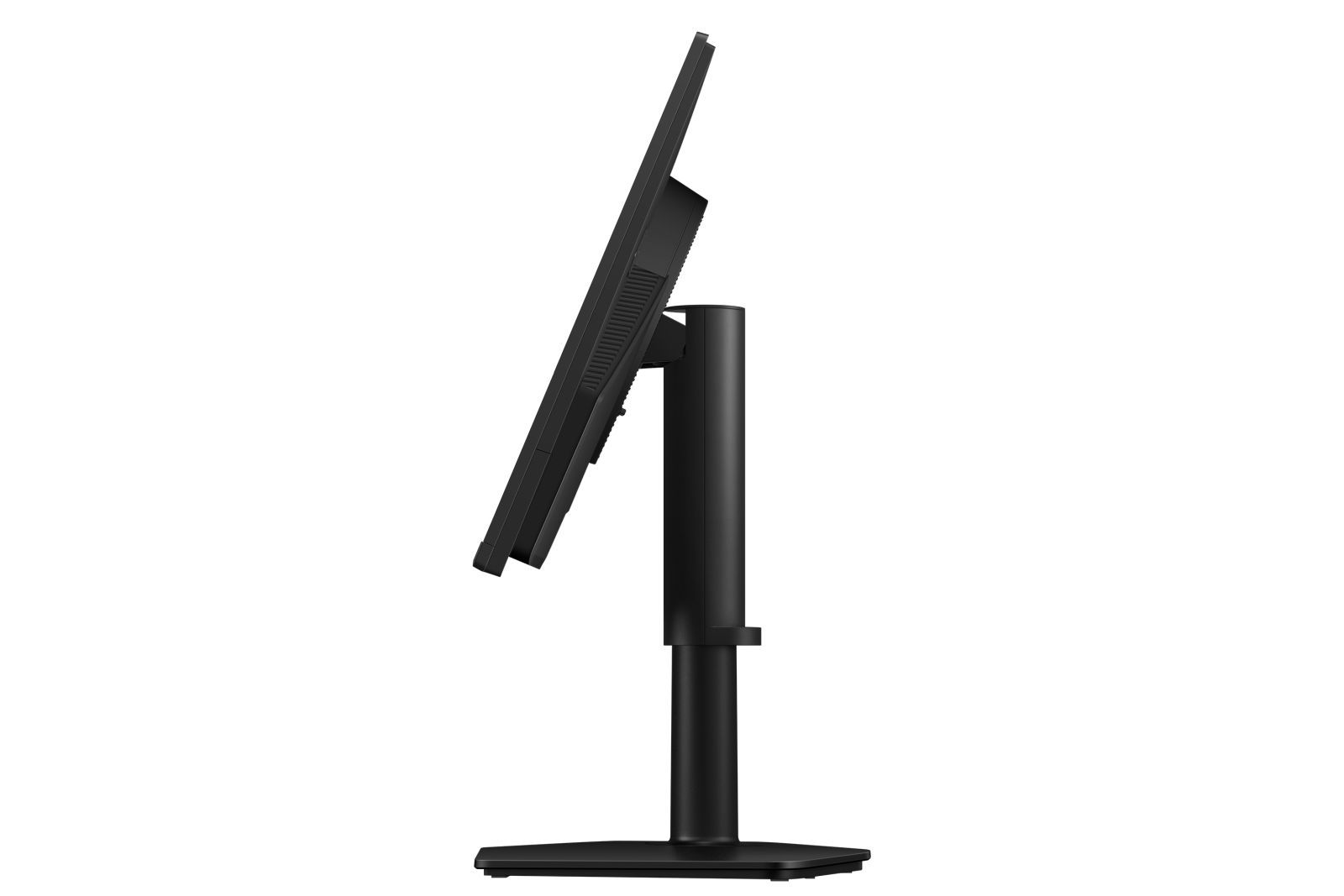 Vista laterale di un monitor di computer nero su supporto regolabile su sfondo bianco.