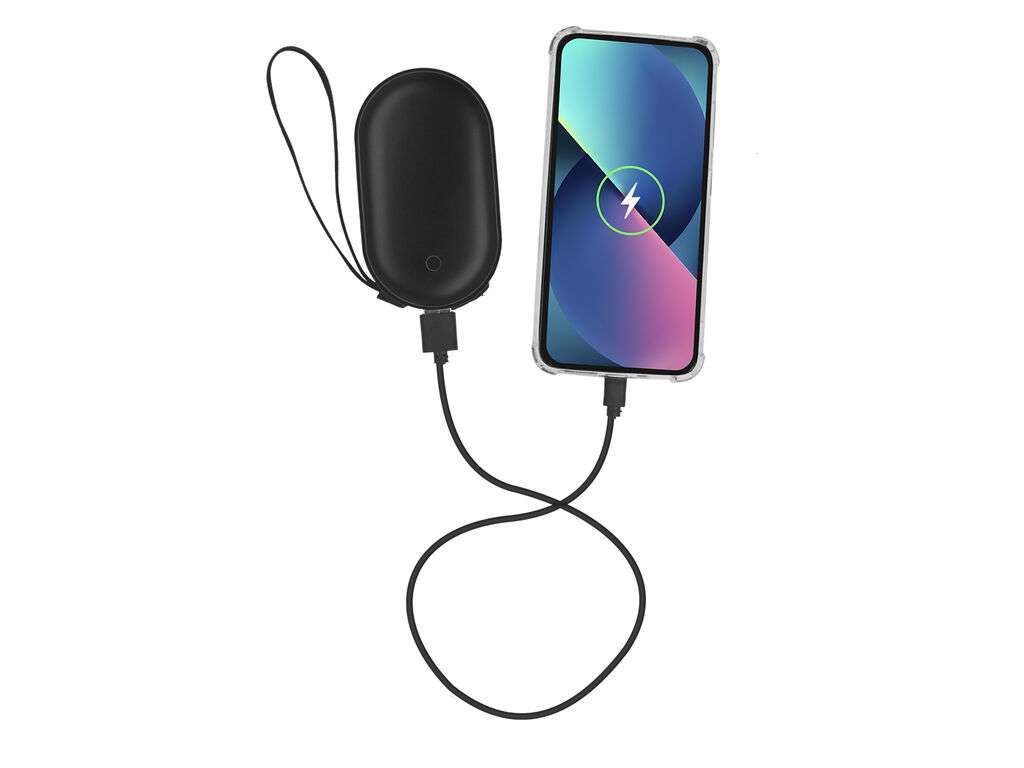 Una batería externa negra está conectada por un cable a un smartphone que muestra una pantalla de carga.