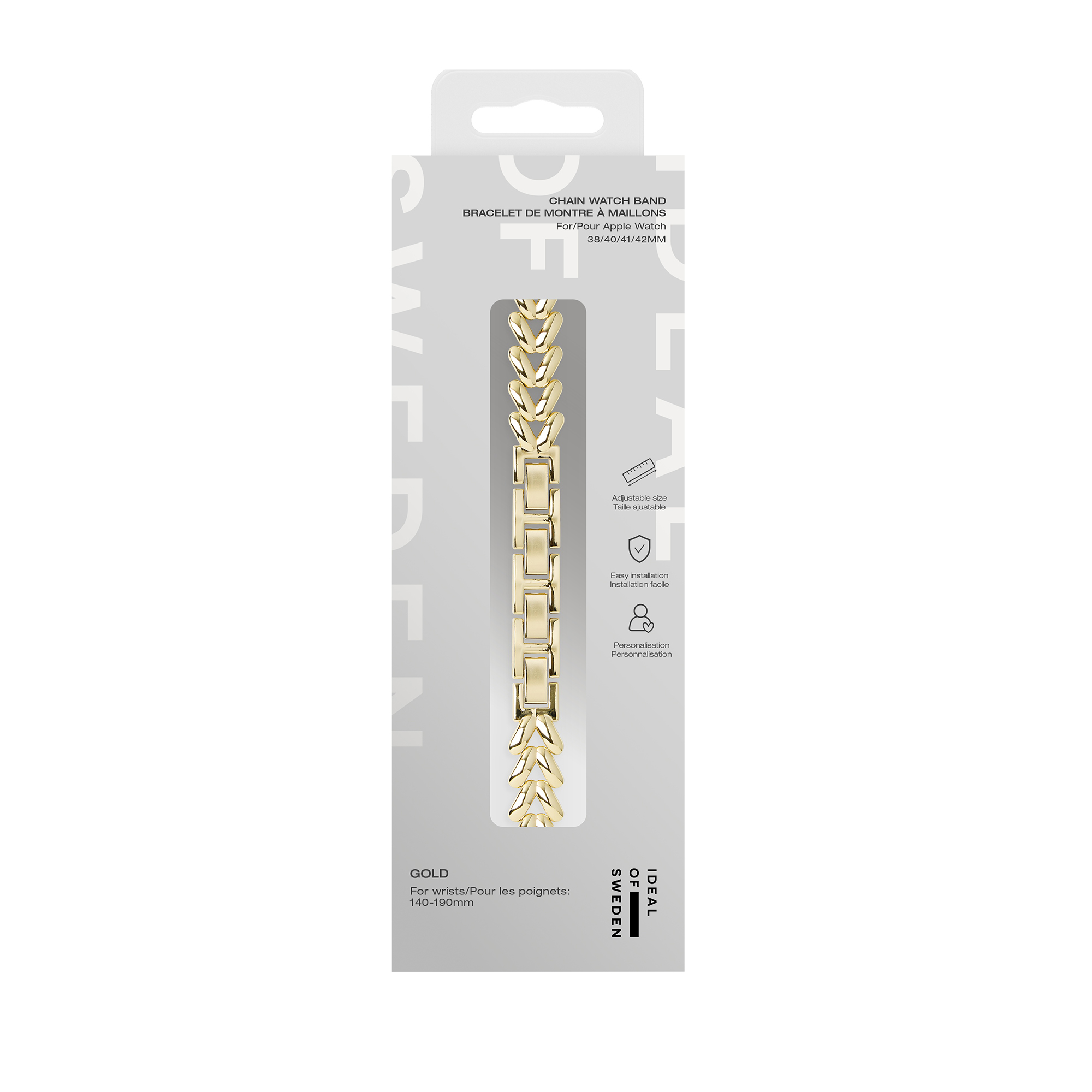 Goldenes Ketten-Uhrenarmband in Verpackung mit Text und Symbolen auf grauem Hintergrund.