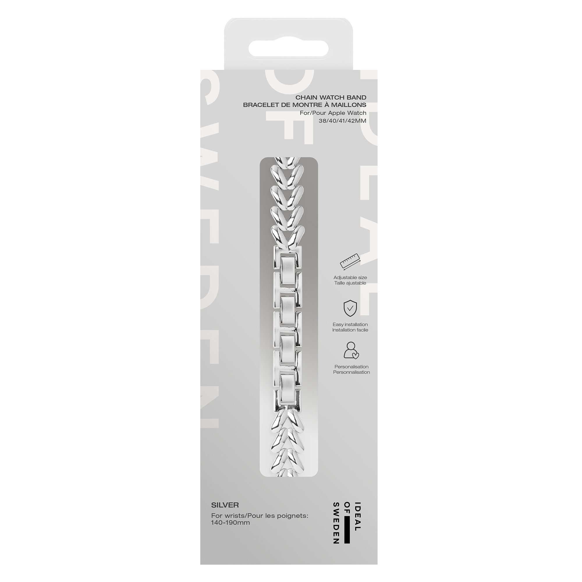 Silbernes Apple Watch Armband in Verpackung mit Text und Symbolen.