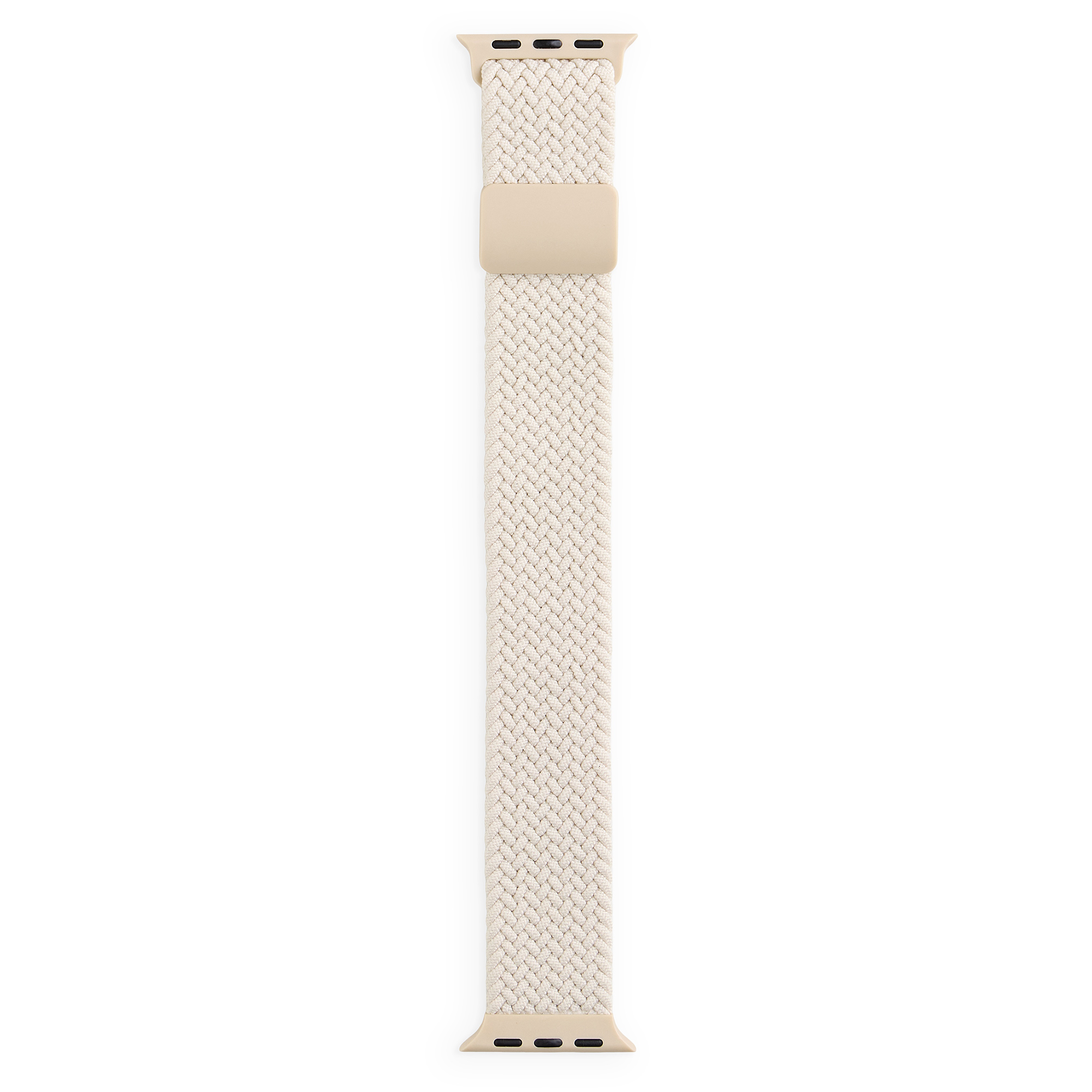 Ein beiger geflochtener Solo-Loop-Uhrenarmband mit einer verstellbaren Metallschnalle vor weißem Hintergrund.
