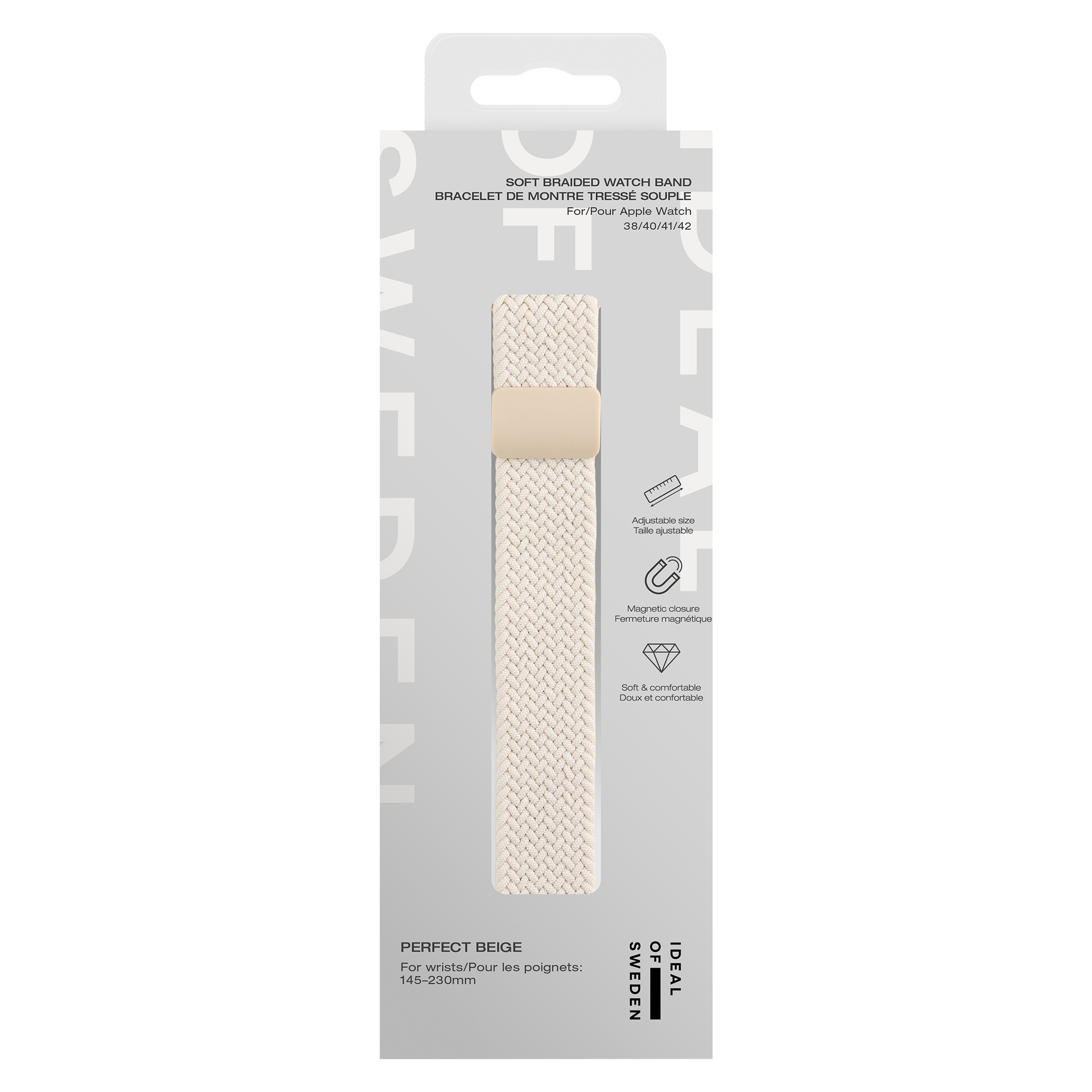 Beiges geflochtenes Apple Watch Armband in Verpackung mit Produktinfos.