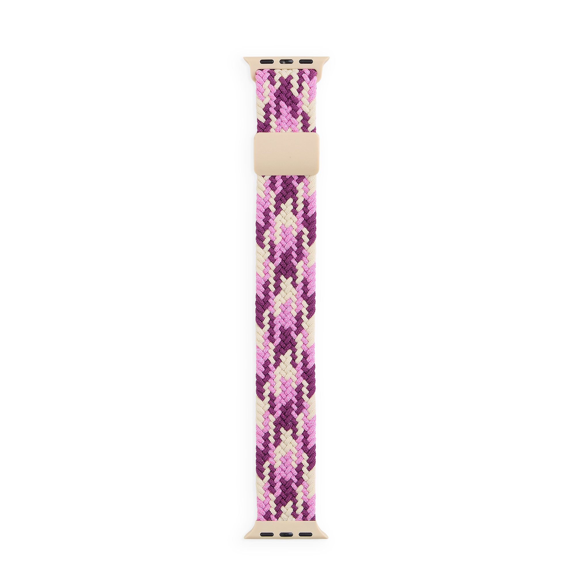 Ein geflochtenes Smartwatch-Armband in Rosa, Lila und Beige mit Metallverbindern auf weiÃŸem Grund.