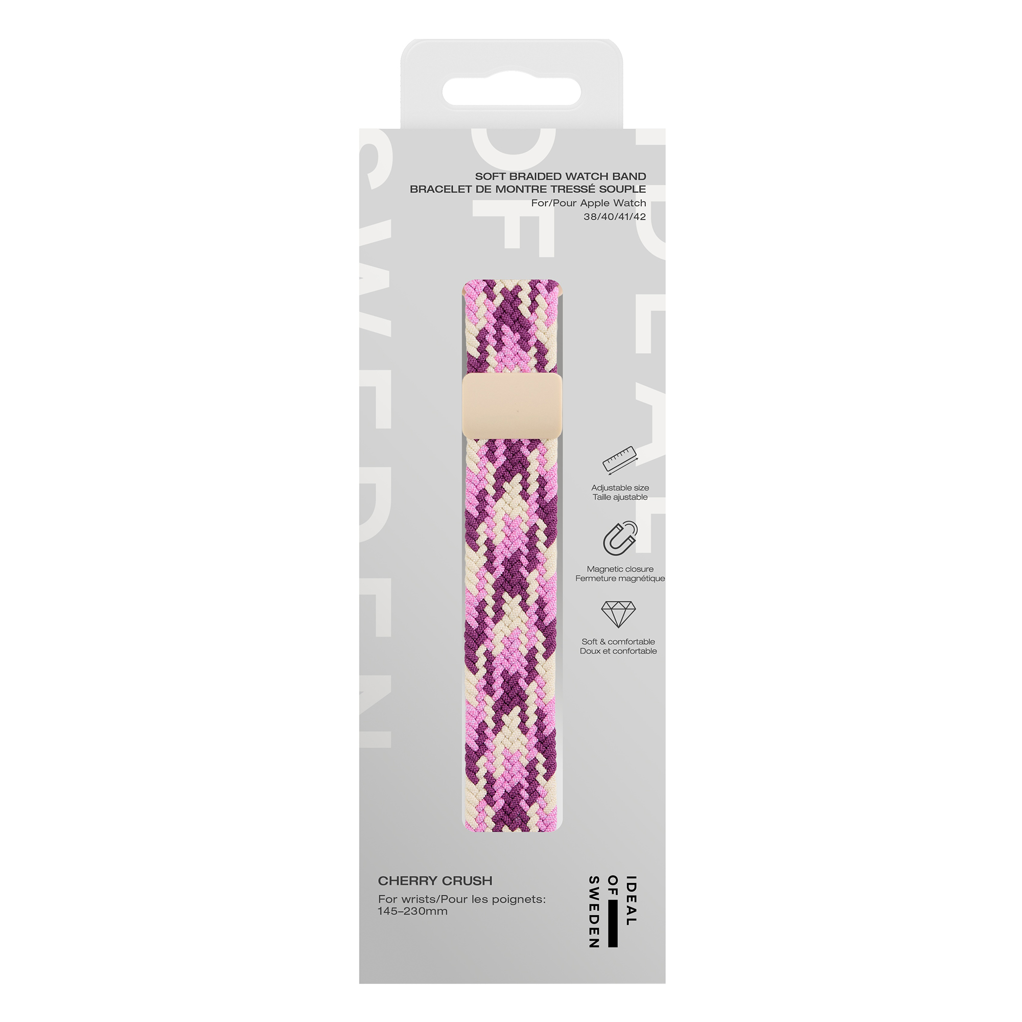 Rosa-lila geflochtenes Apple Watch-Armband mit verstellbarem Metallverschluss in der Verpackung.