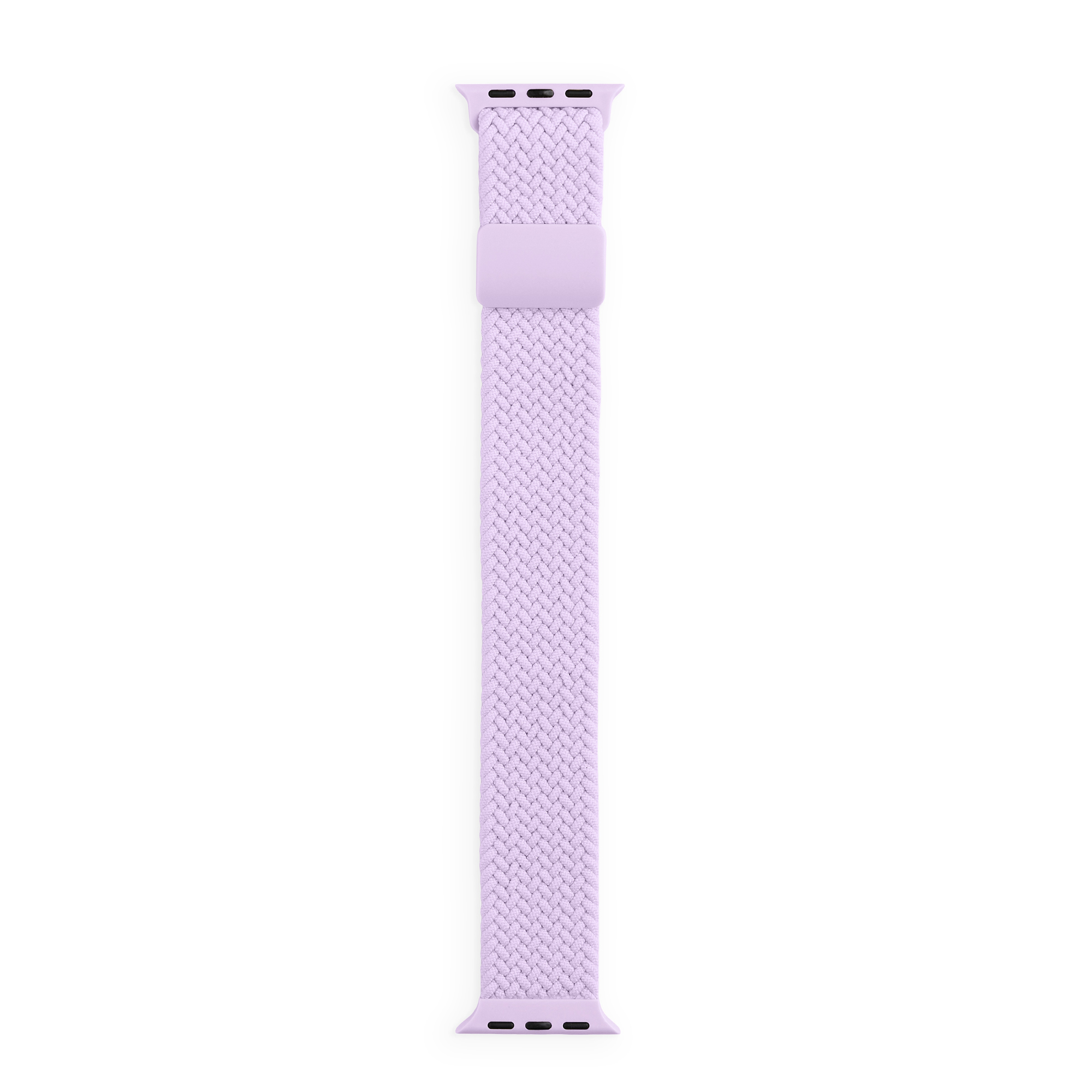 Ein hellviolettes geflochtenes Solo-Loop-Armband auf weißem Hintergrund.