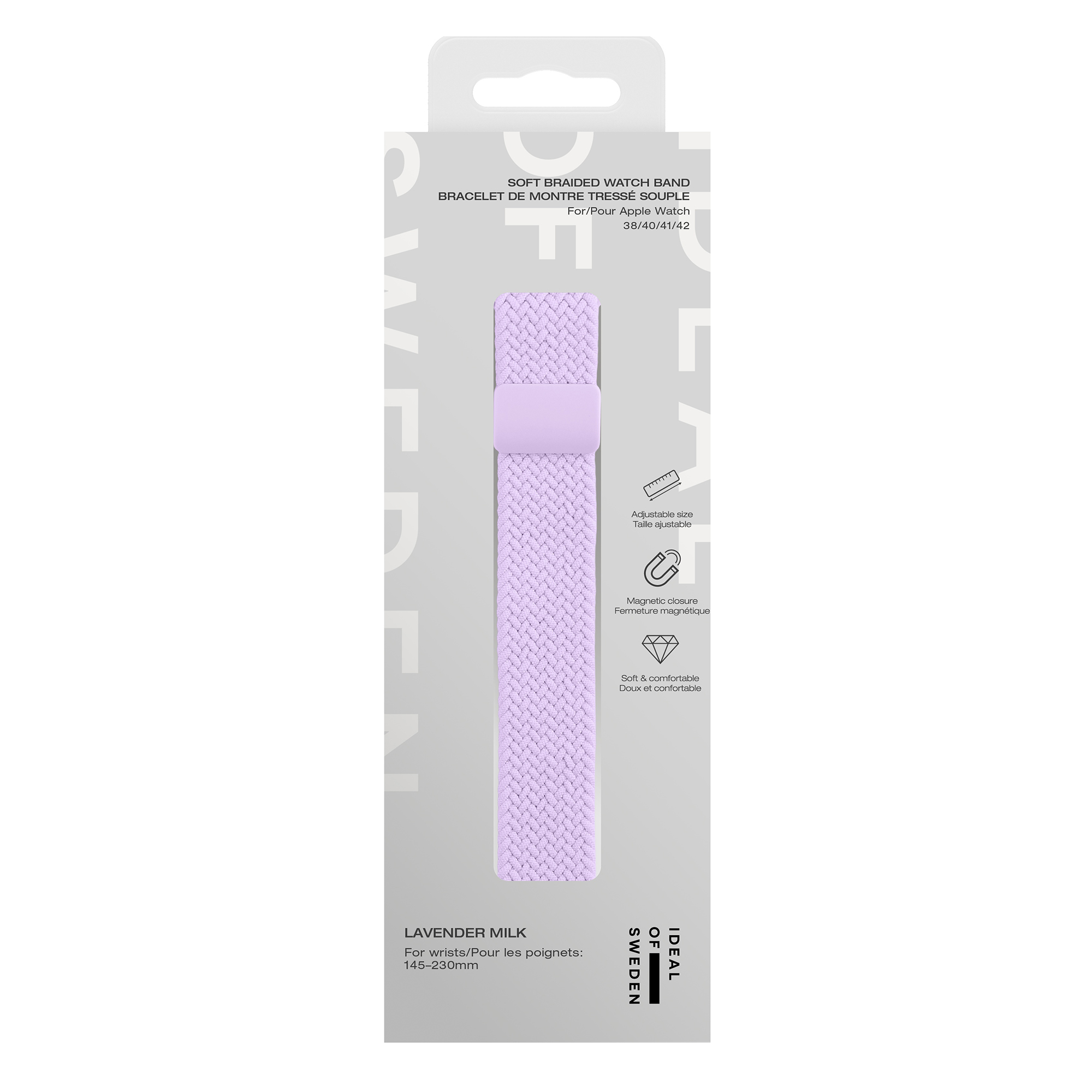Ein lavendelfarbenes, weich geflochtenes Uhrenarmband in der Verpackung.