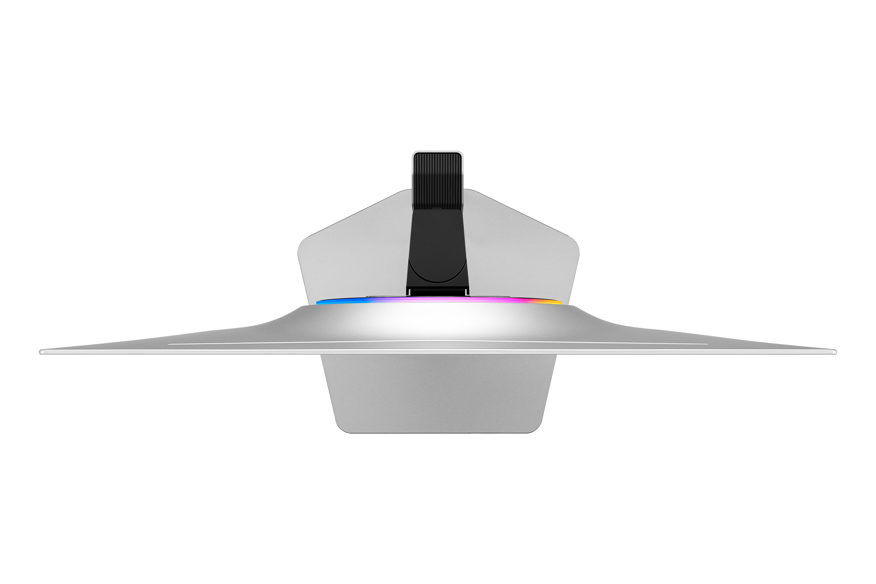 Vista dall'alto di un monitor argento con supporto nero e striscia luminosa RGB.