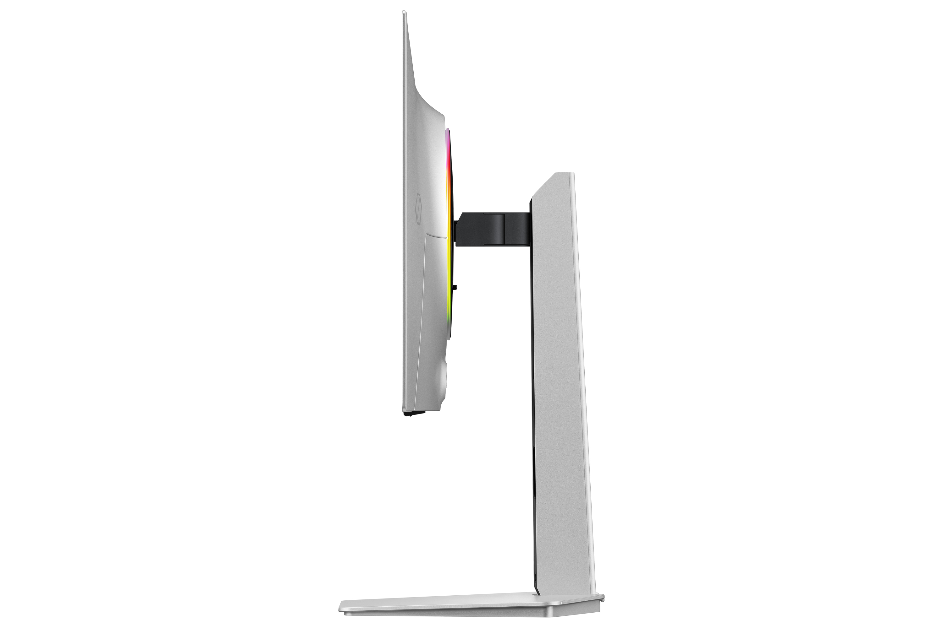 Vista laterale di un monitor per computer argentato su un supporto abbinato con un anello RGB luminoso sul retro.