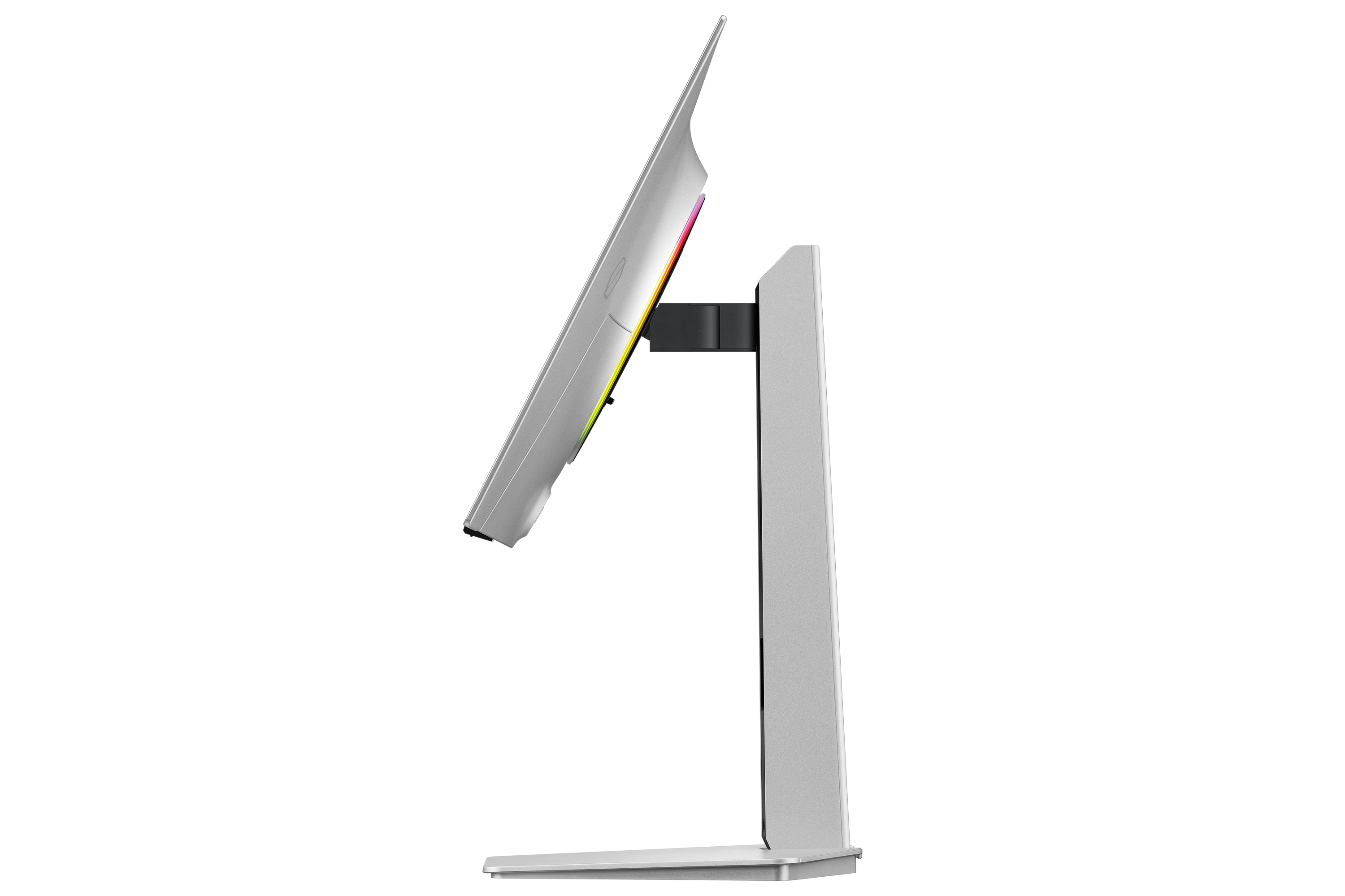 Vista laterale di un monitor argento con supporto su sfondo bianco.