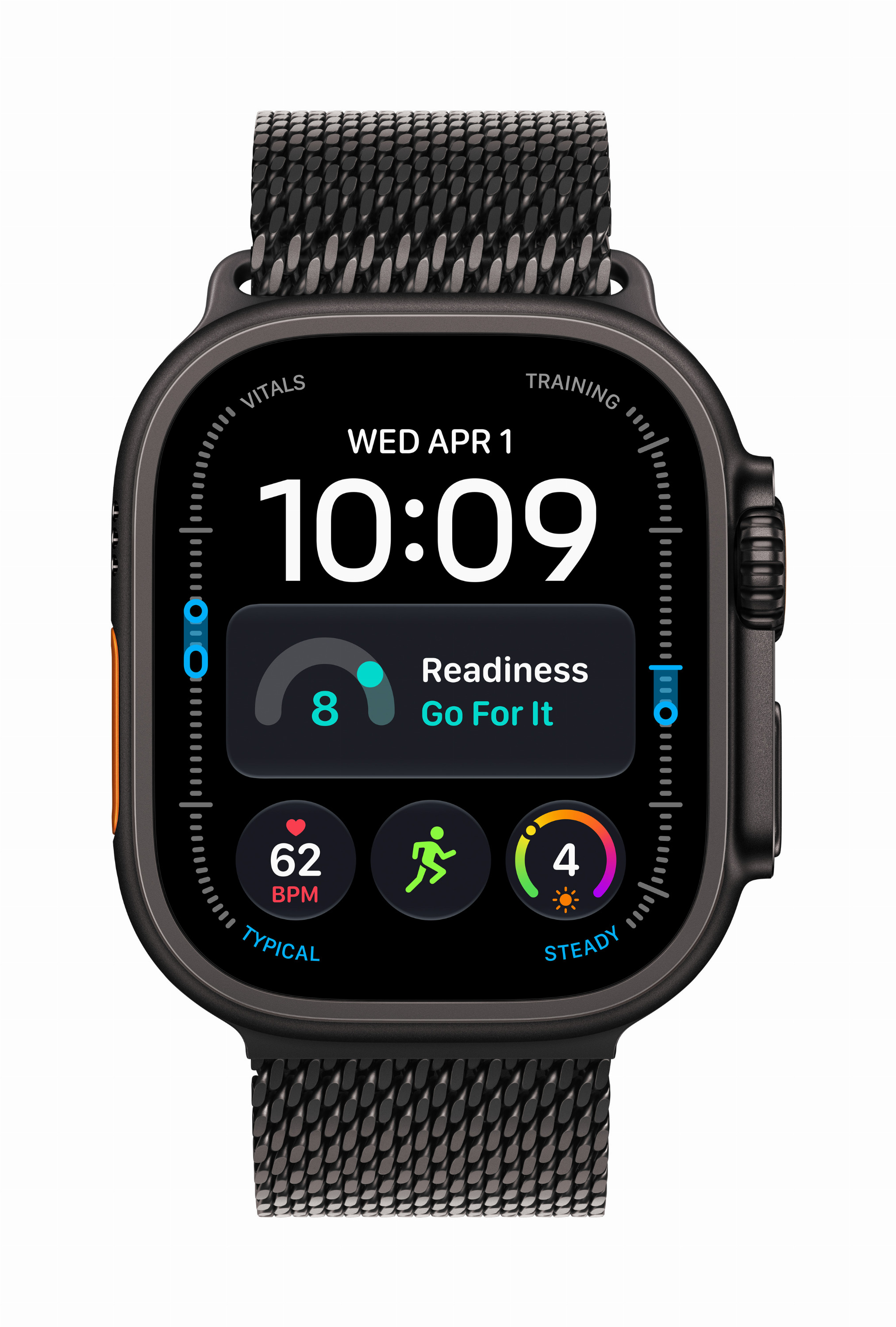 Uno smartwatch nero con cinturino in maglia di metallo mostra ora, data, frequenza cardiaca e statistiche di fitness.