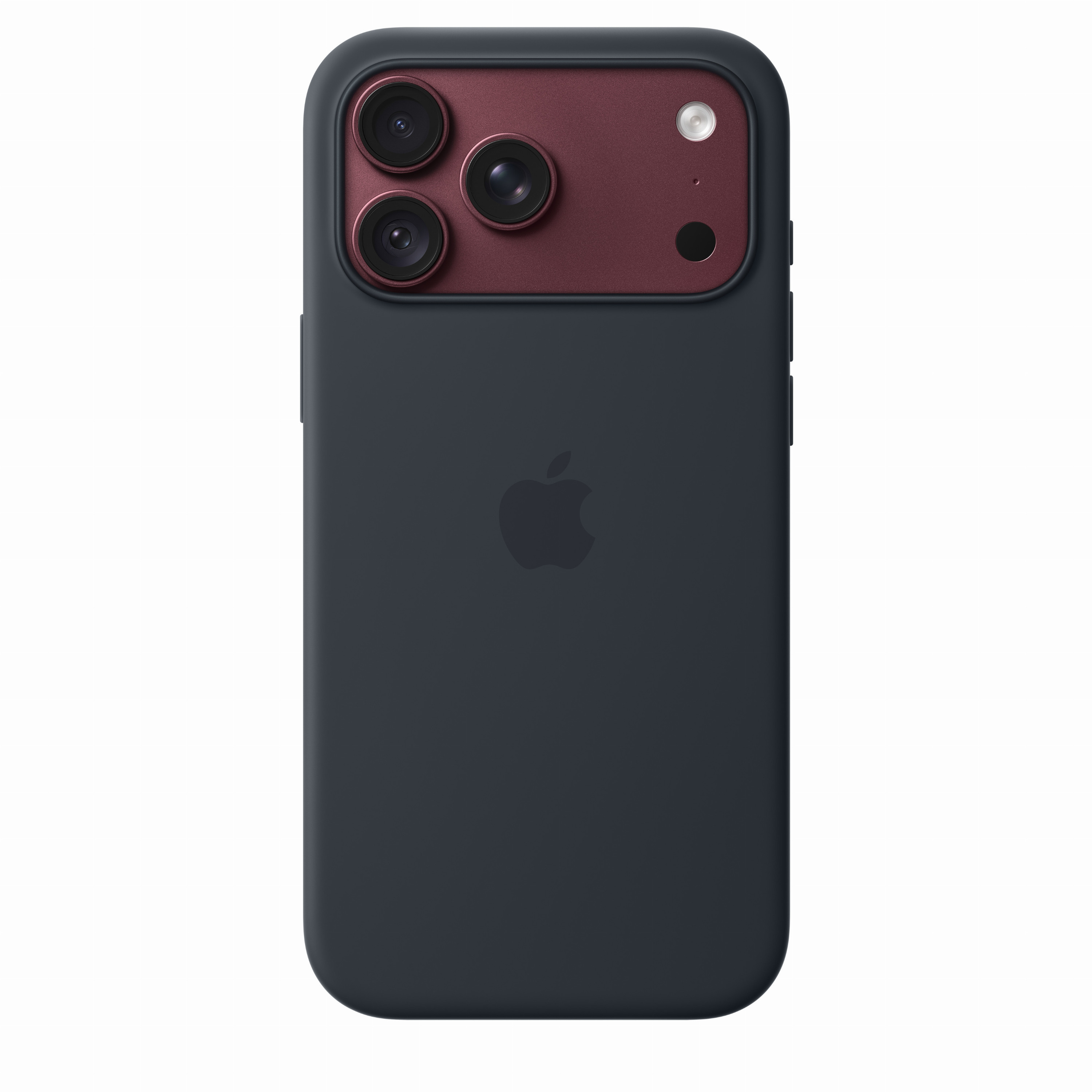 Smartphone scuro con tre fotocamere in un modulo rosso sul retro e logo Apple.
