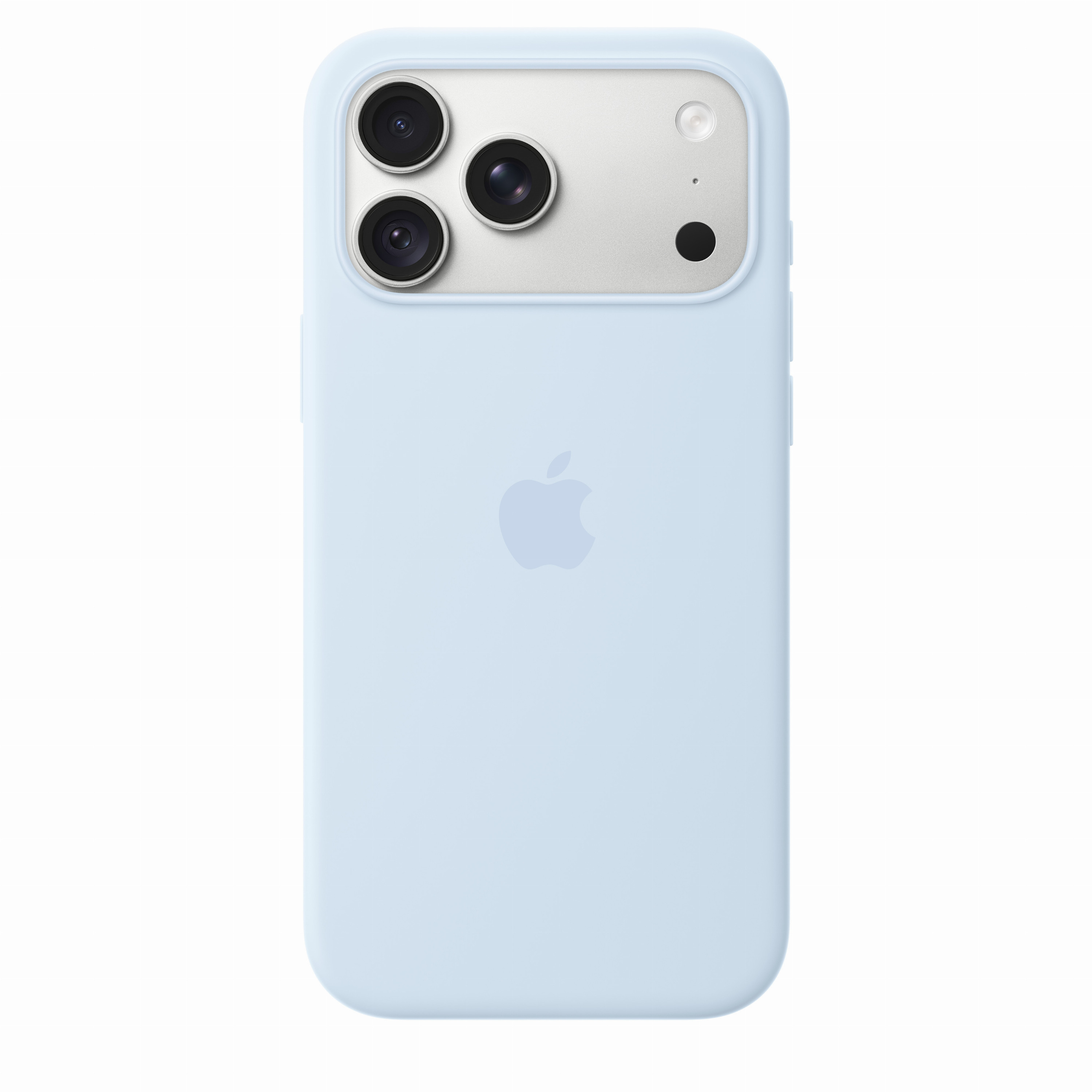 Hellblaue iPhone-Silikonhülle mit dreifacher Kamera und Apple-Logo.